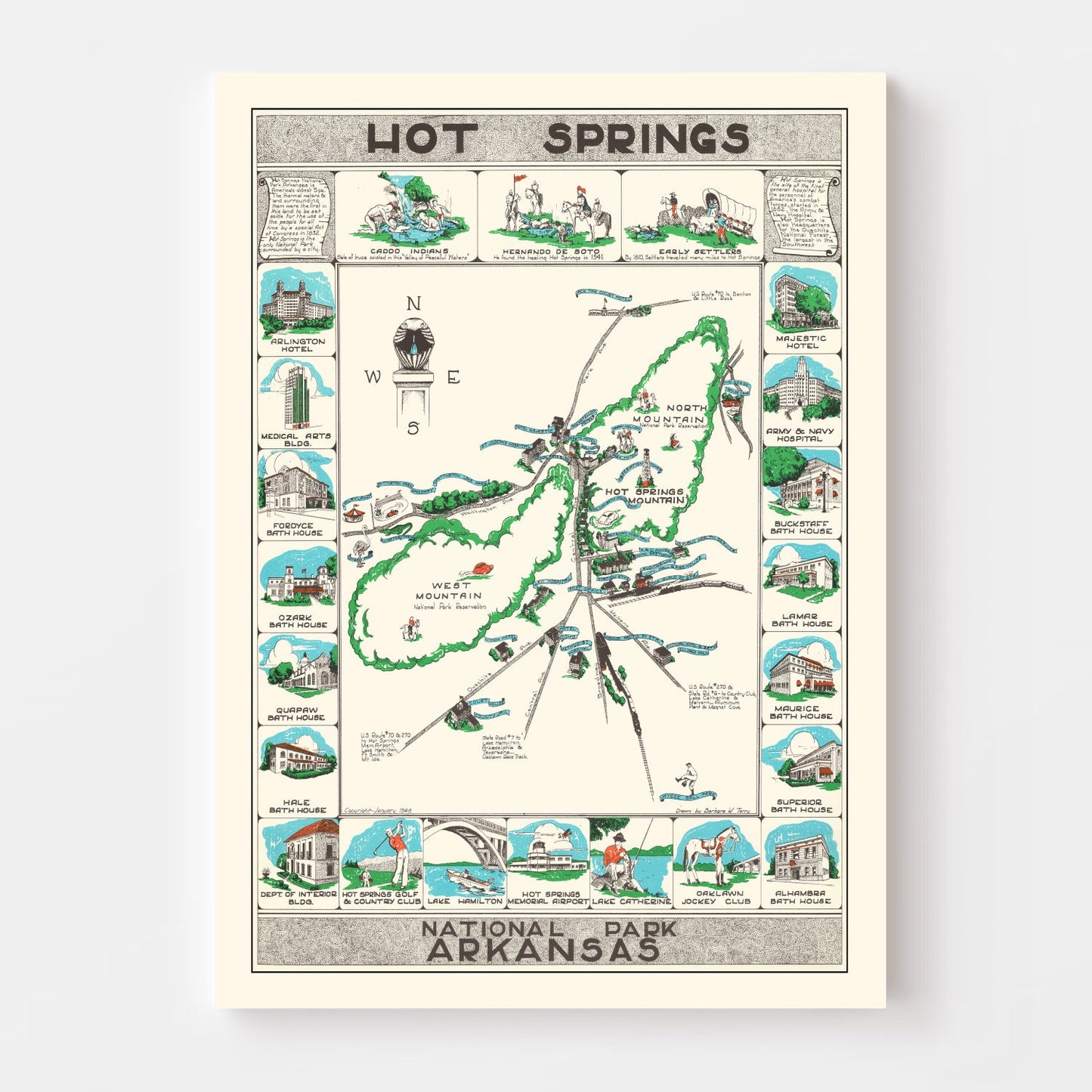 Vintage Map of Hot Springs National Park, Arkansas, 1948