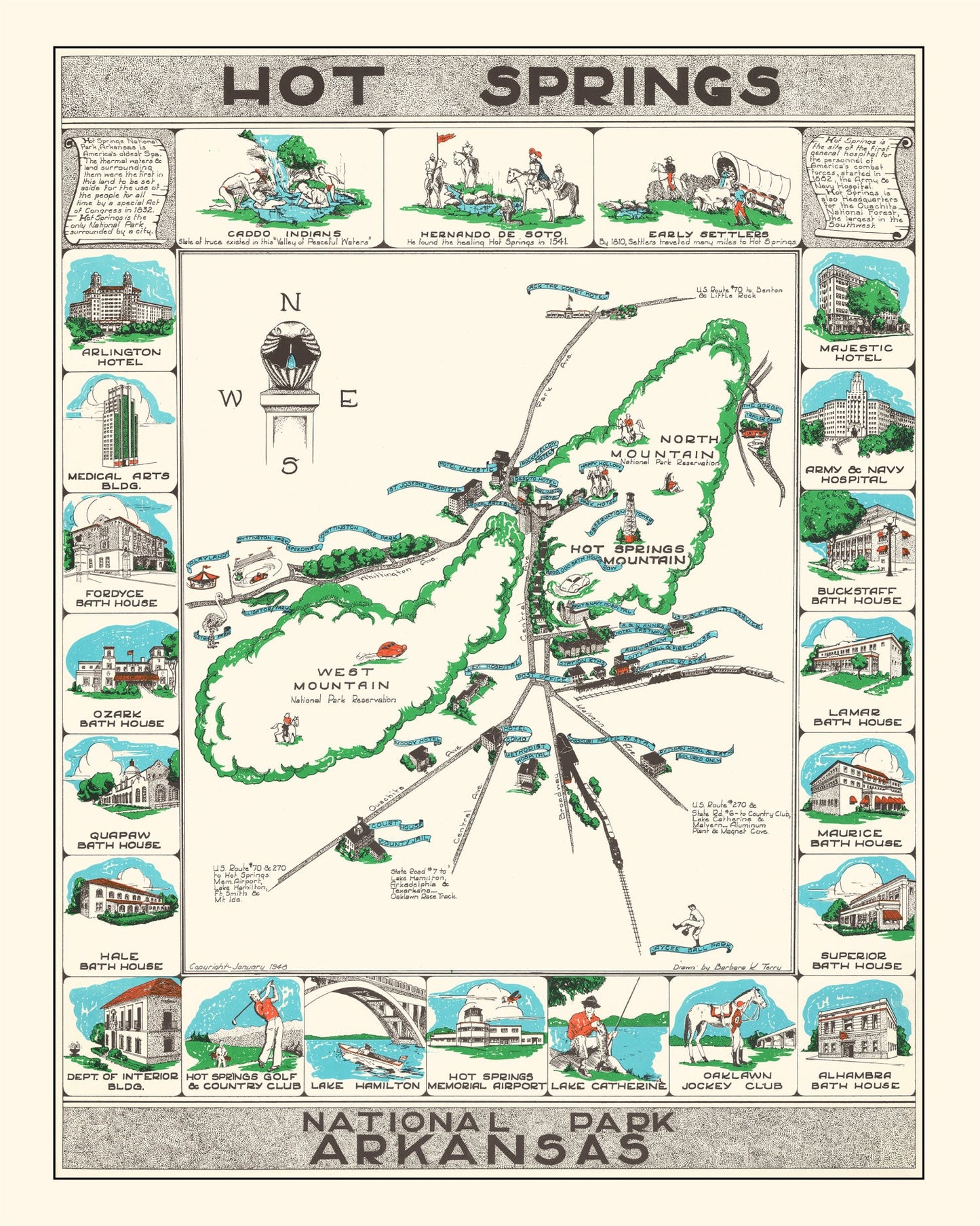Vintage Map of Hot Springs National Park, Arkansas, 1948