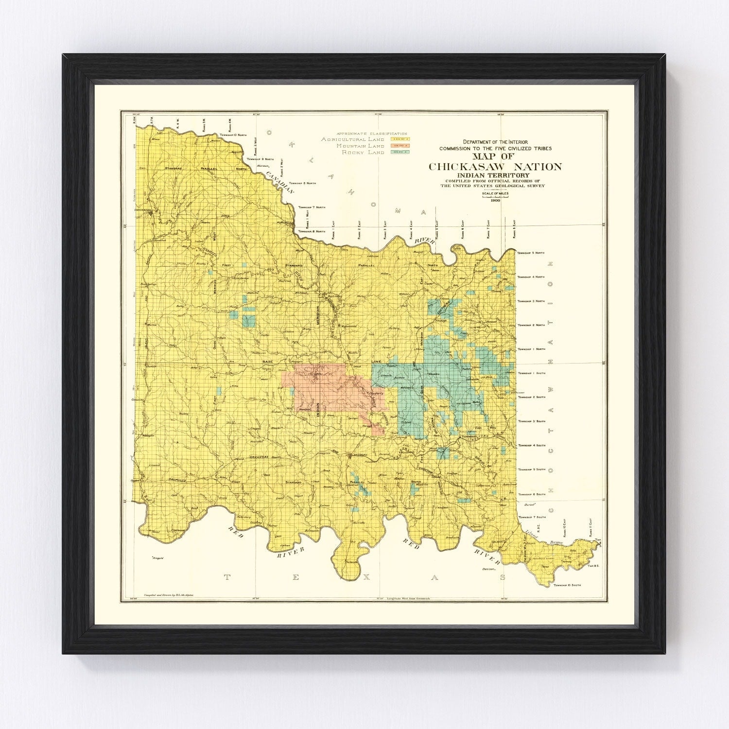 Vintage restored map of the Chickasaw Nation, Indian Territory, 1900, pre-statehood Oklahoma