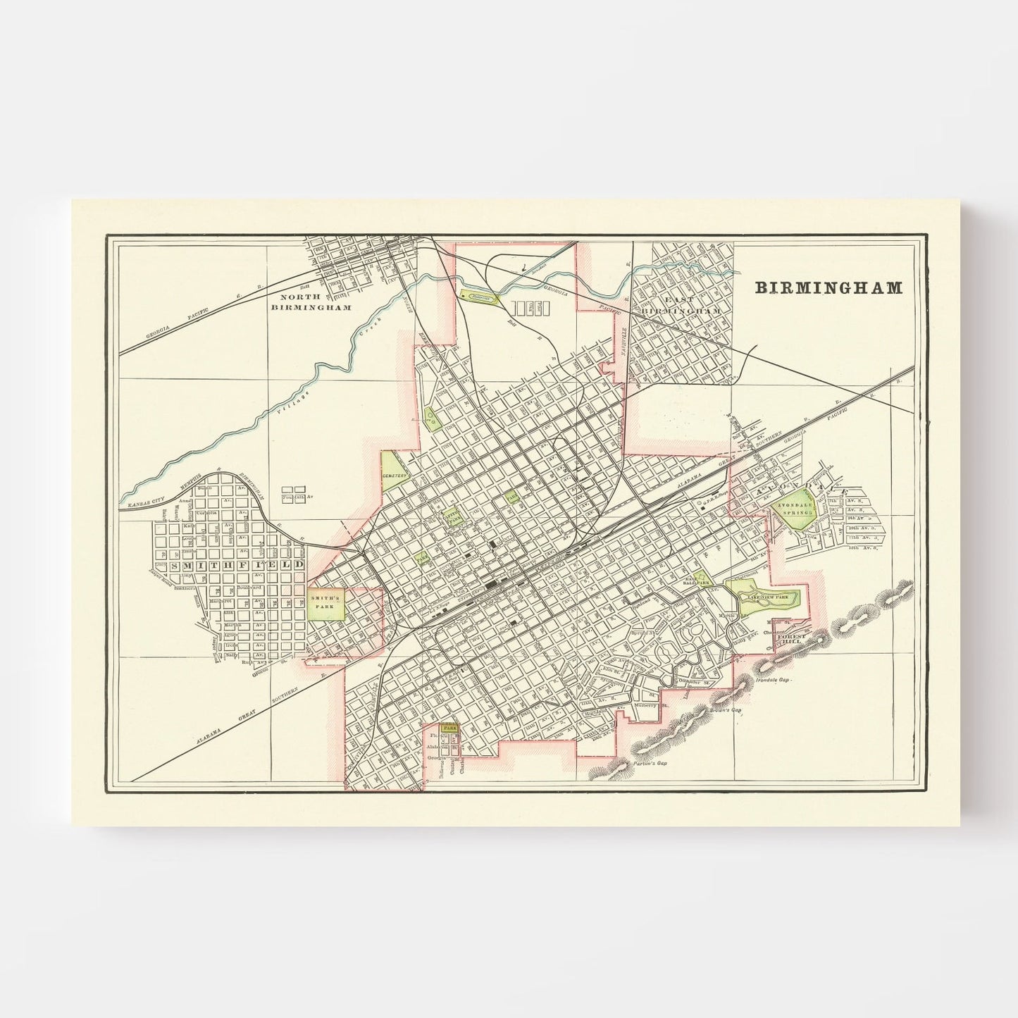 Vintage Map of Birmingham, Alabama, 1895 Wall Art