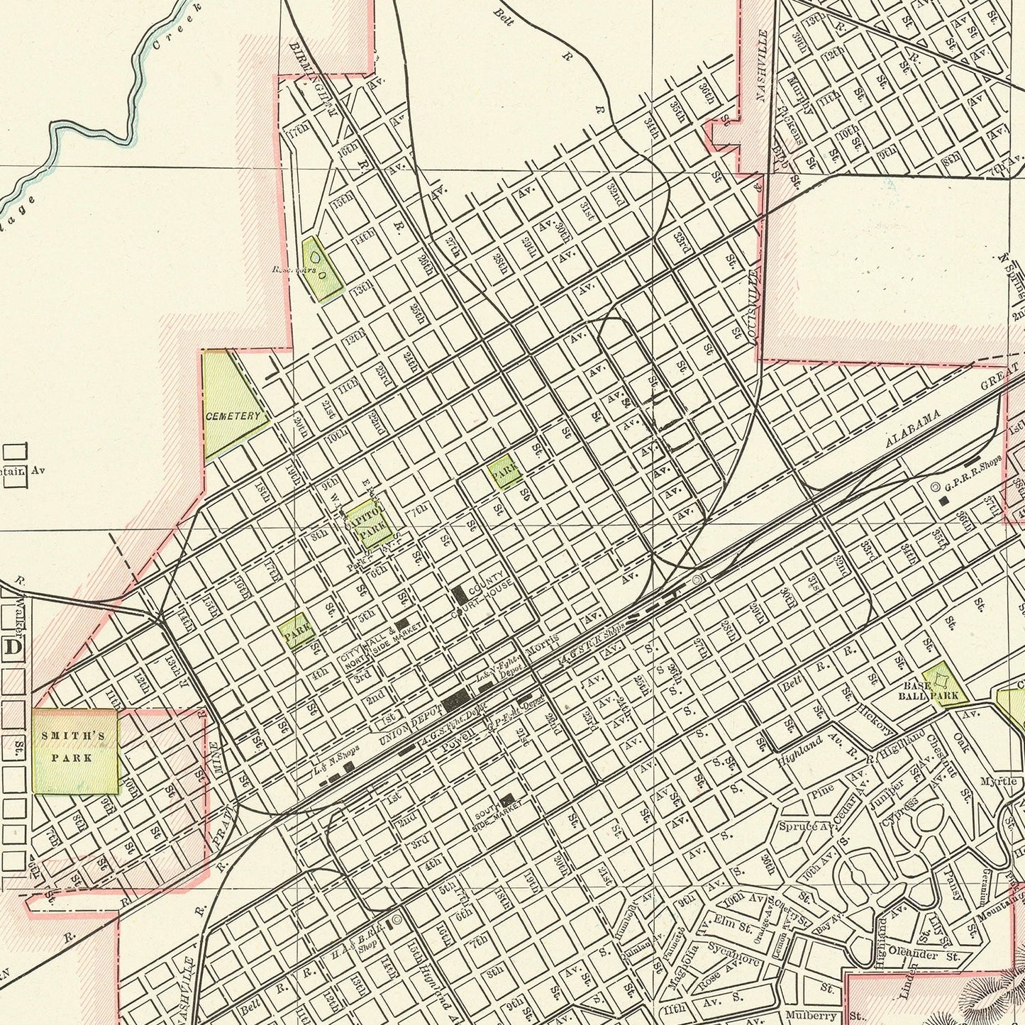 Vintage Map of Birmingham, Alabama, 1895 Wall Art