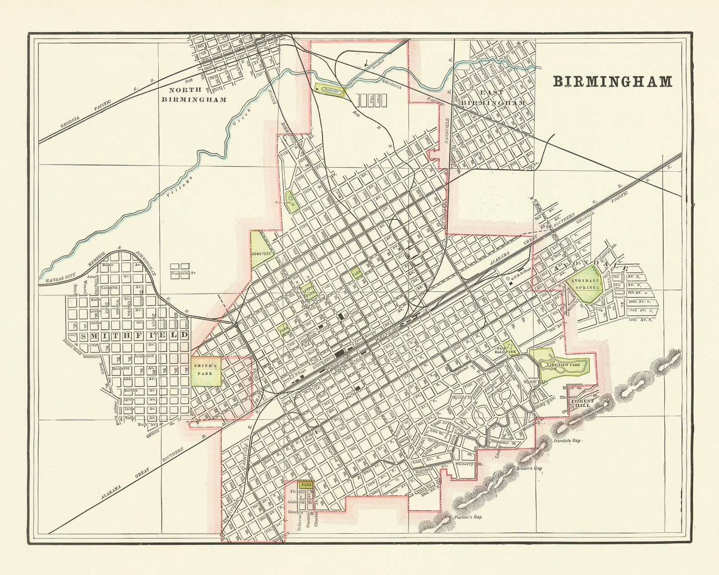 Vintage Map of Birmingham, Alabama, 1895 Wall Art