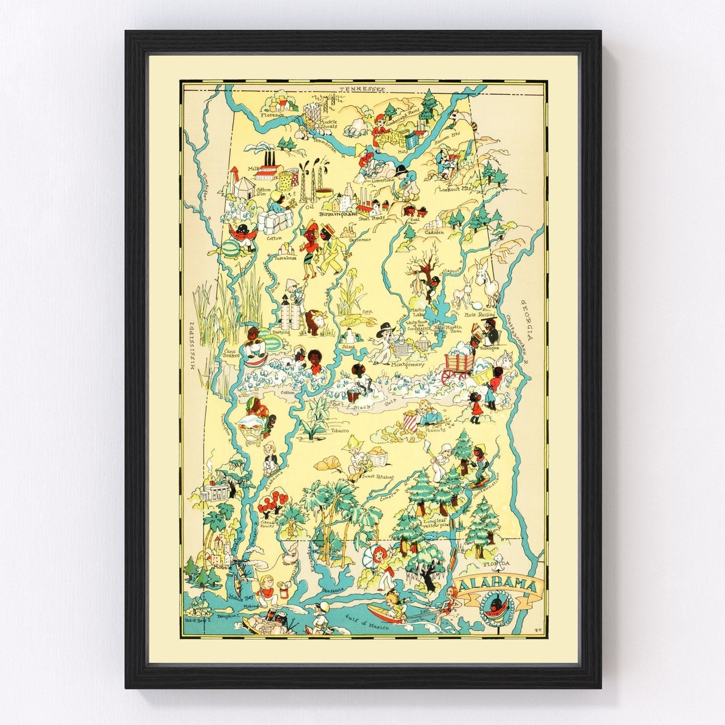 Vintage map of Alabama, 1935 landscape orientation - restored print