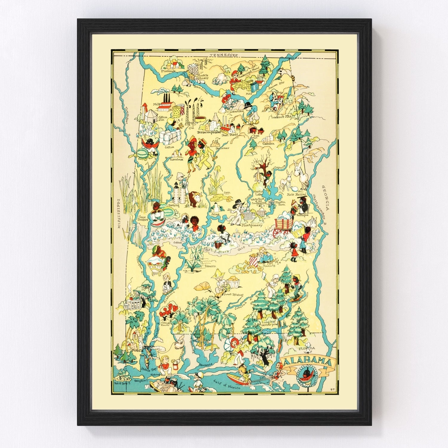 Vintage map of Alabama, 1935 landscape orientation - restored print