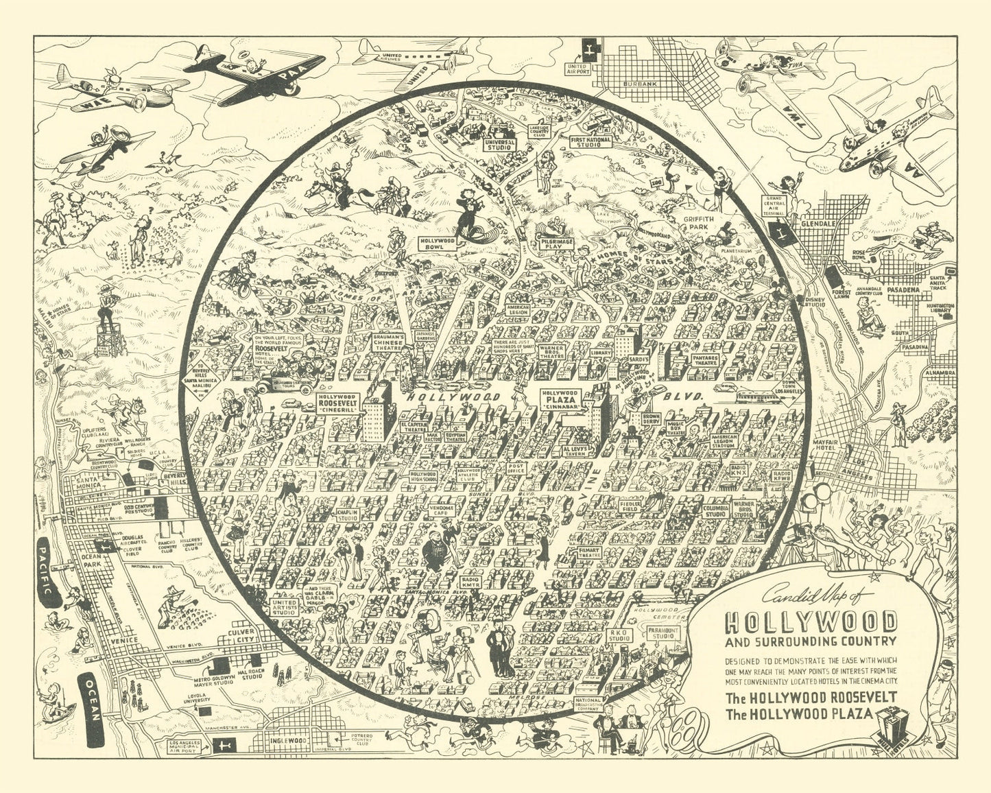 Vintage Map of Hollywood, Los Angeles County, California, 1930