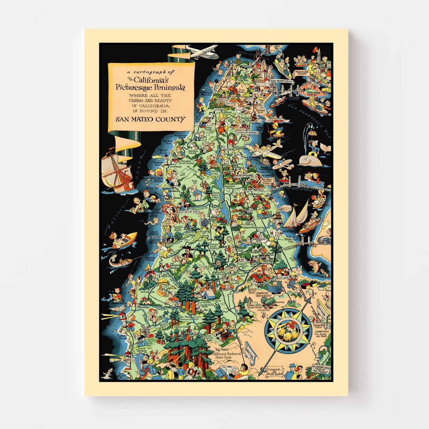 Vintage Map of San Mateo County, California, 1930