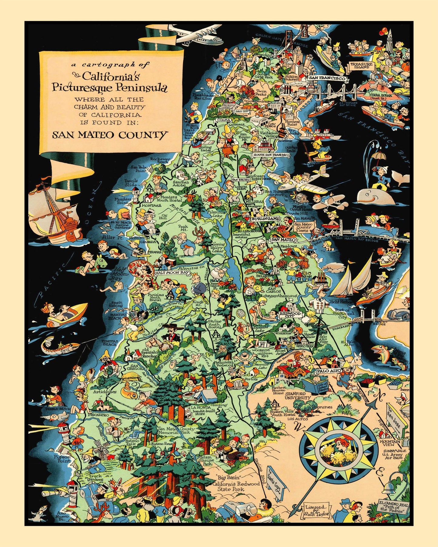 Vintage Map of San Mateo County, California, 1930