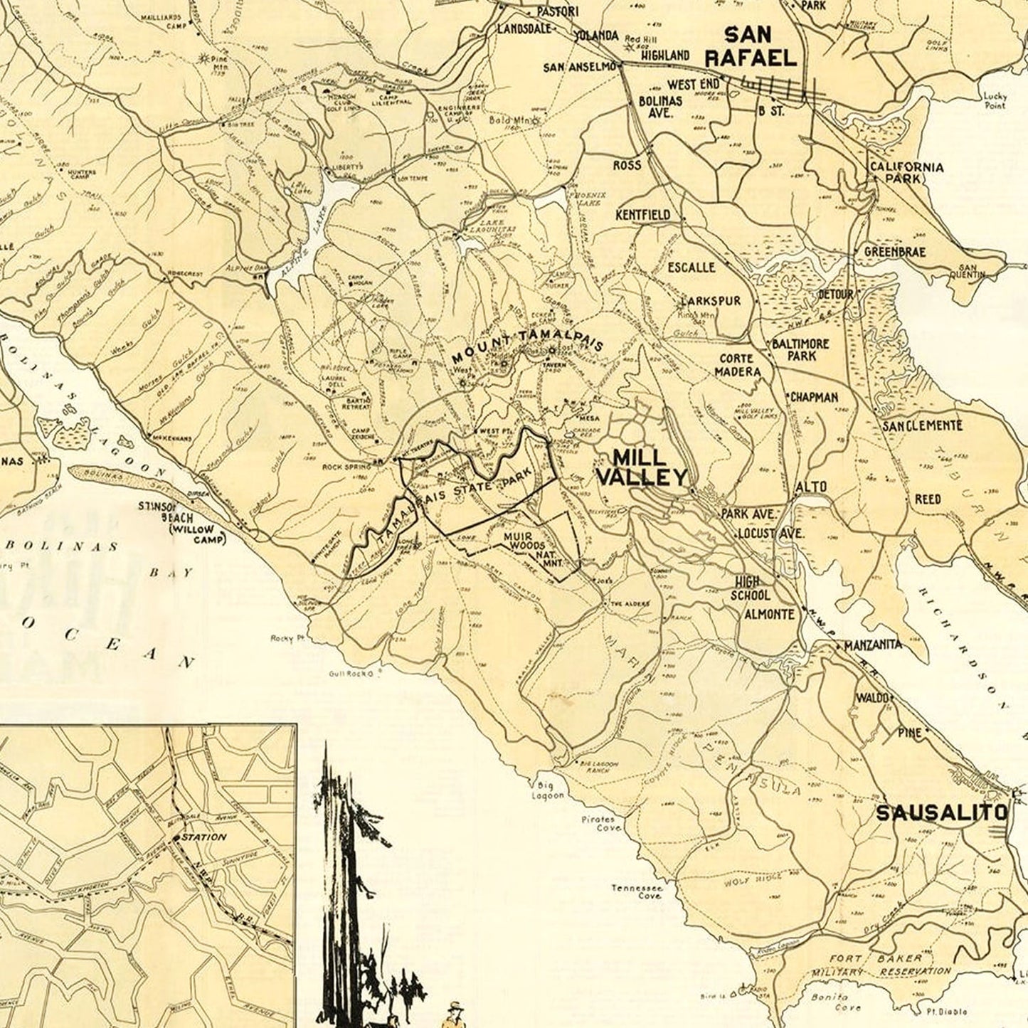 Vintage Map of Marin County, California, 1930