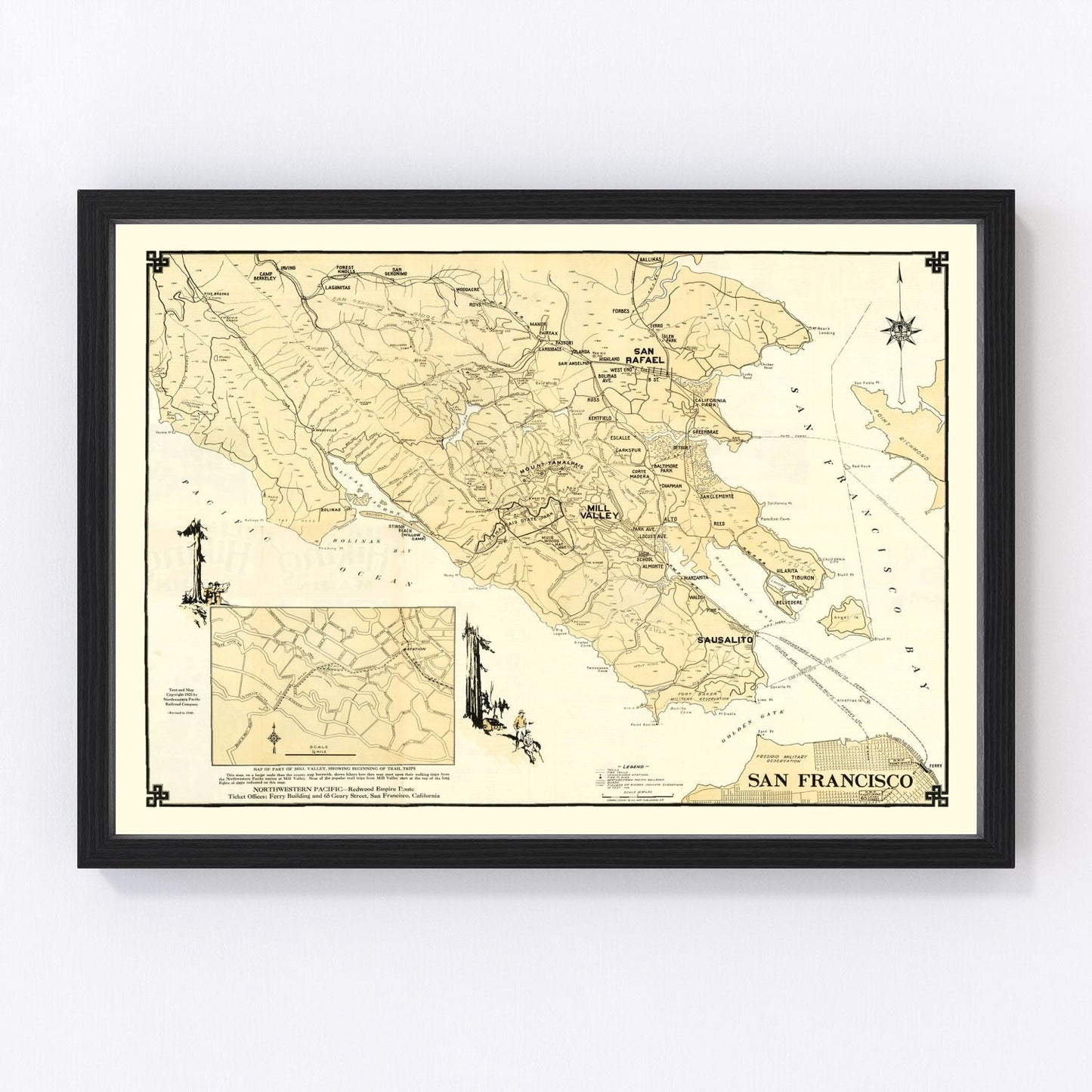 vintage map of Marin County, California, Sausalito and San Rafael, 1930