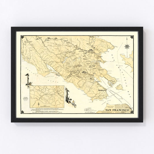 vintage map of Marin County, California, Sausalito and San Rafael, 1930