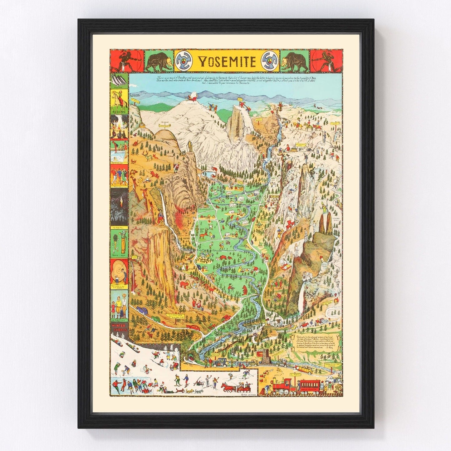 Vintage restored map of Yosemite National Park, 1931