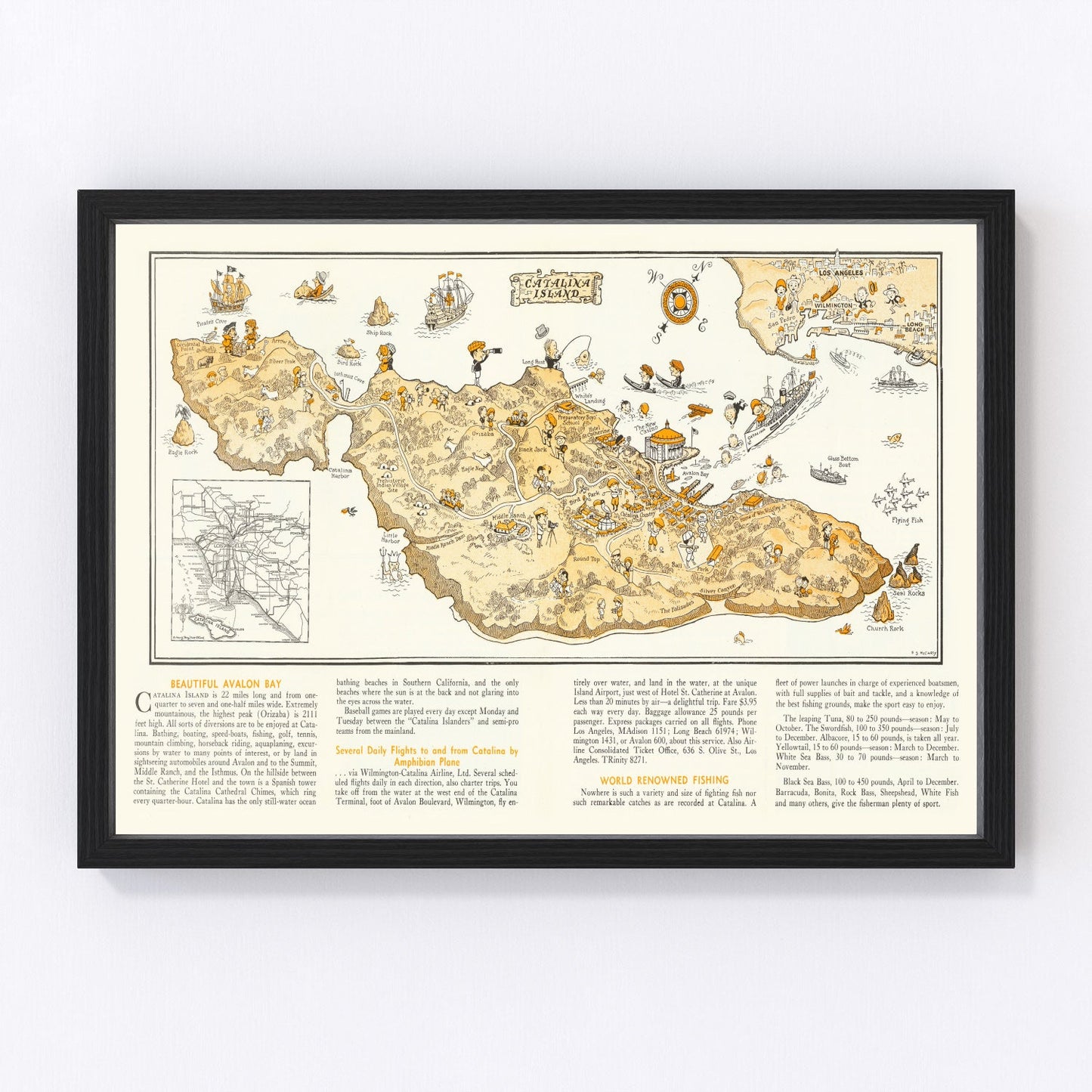 Vintage coastal map of Catalina Island, California, 1933, restored vintage wall art print
