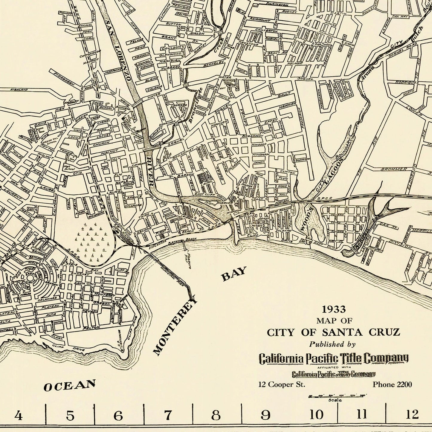 Vintage Map of Santa Cruz, California, 1933