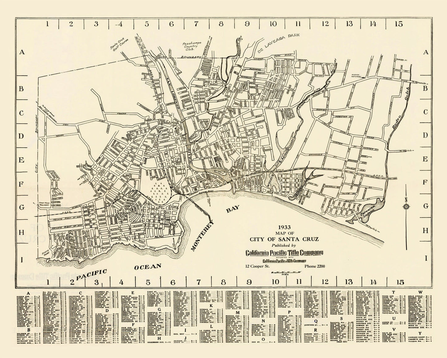 Vintage Map of Santa Cruz, California, 1933