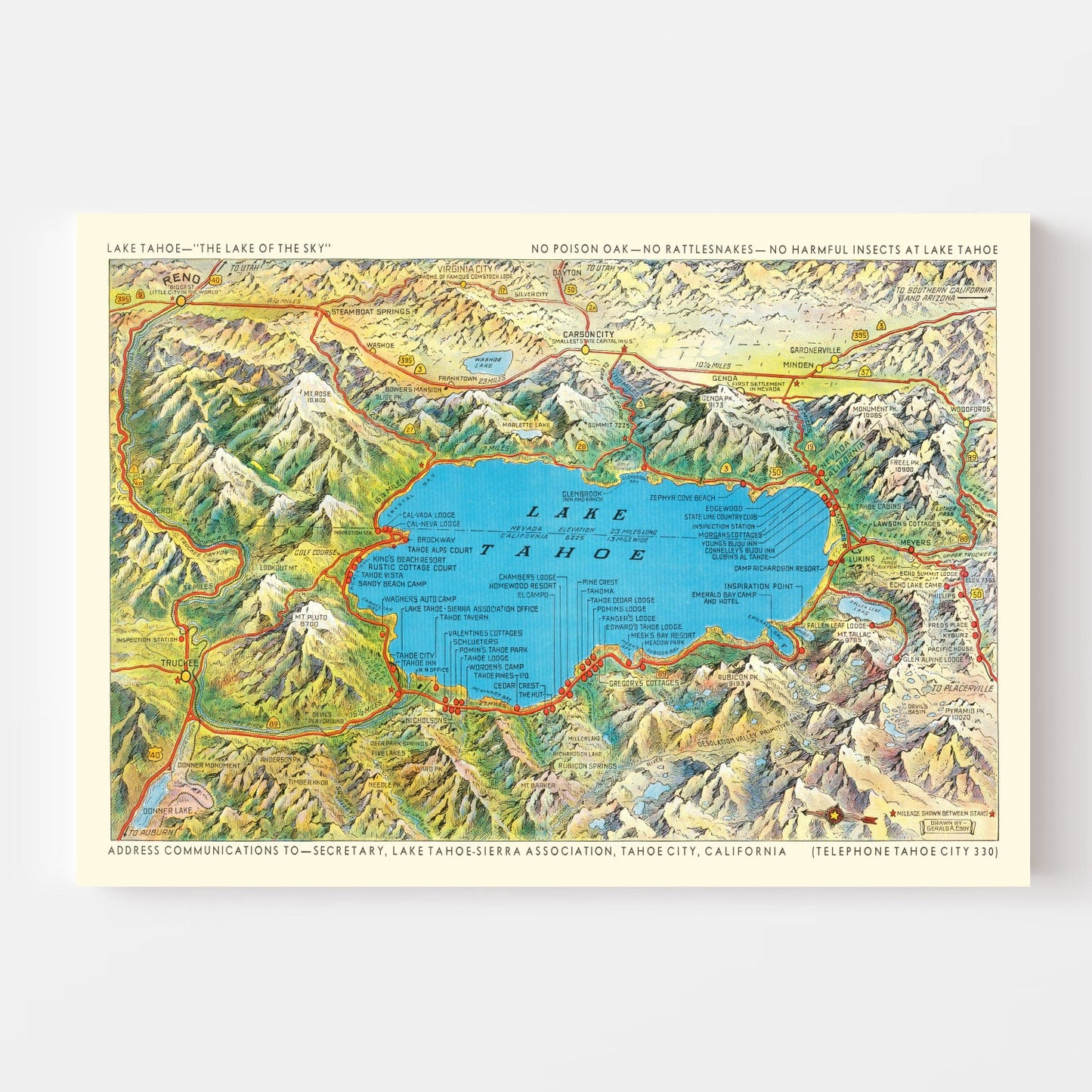 Vintage Map of Lake Tahoe, California, 1935