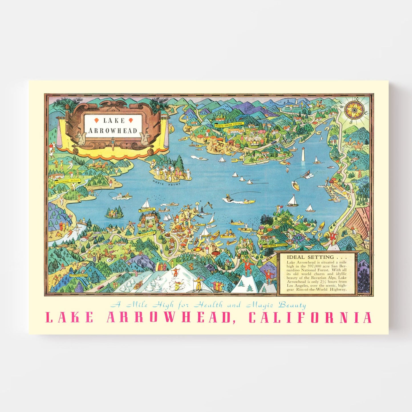 Vintage Pictorial Map of Lake Arrowhead, California, 1938