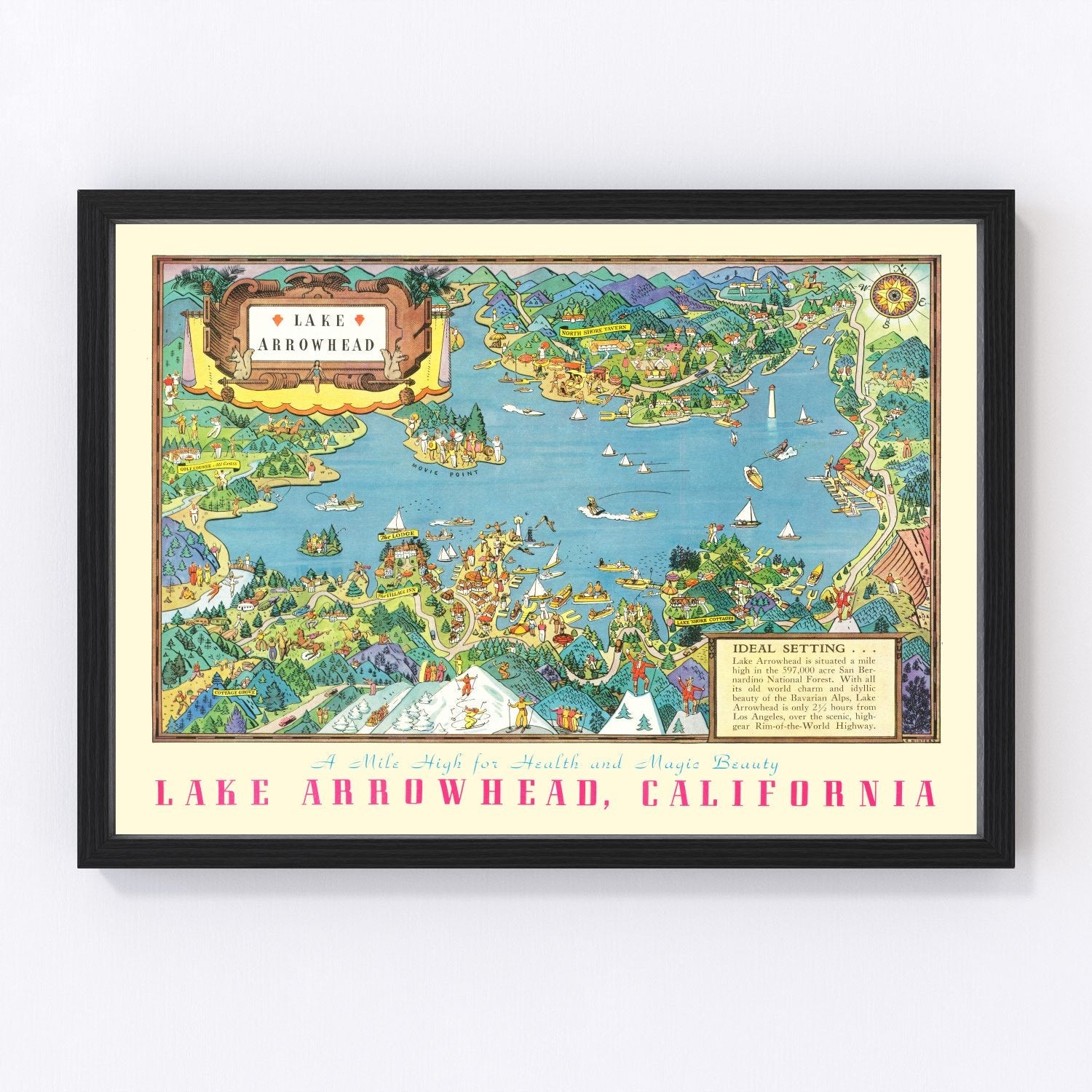 vintage pictorial map of Lake Arrowhead, California, 1938