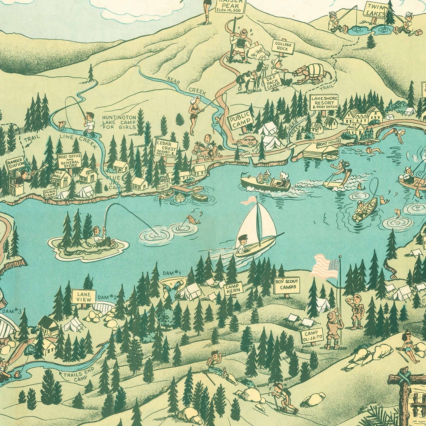 Vintage Map of Huntington Lake, California, 1940