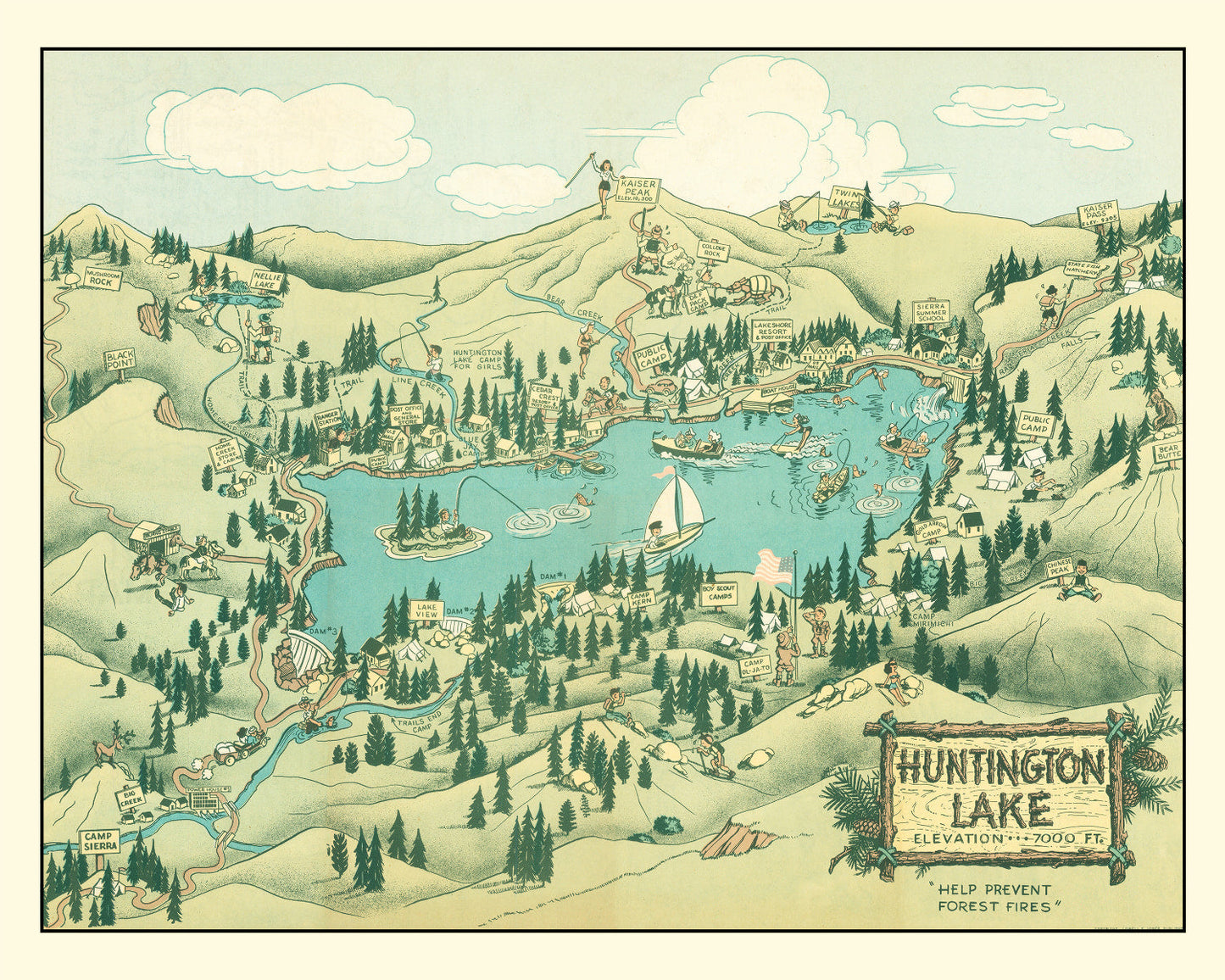 Vintage Map of Huntington Lake, California, 1940