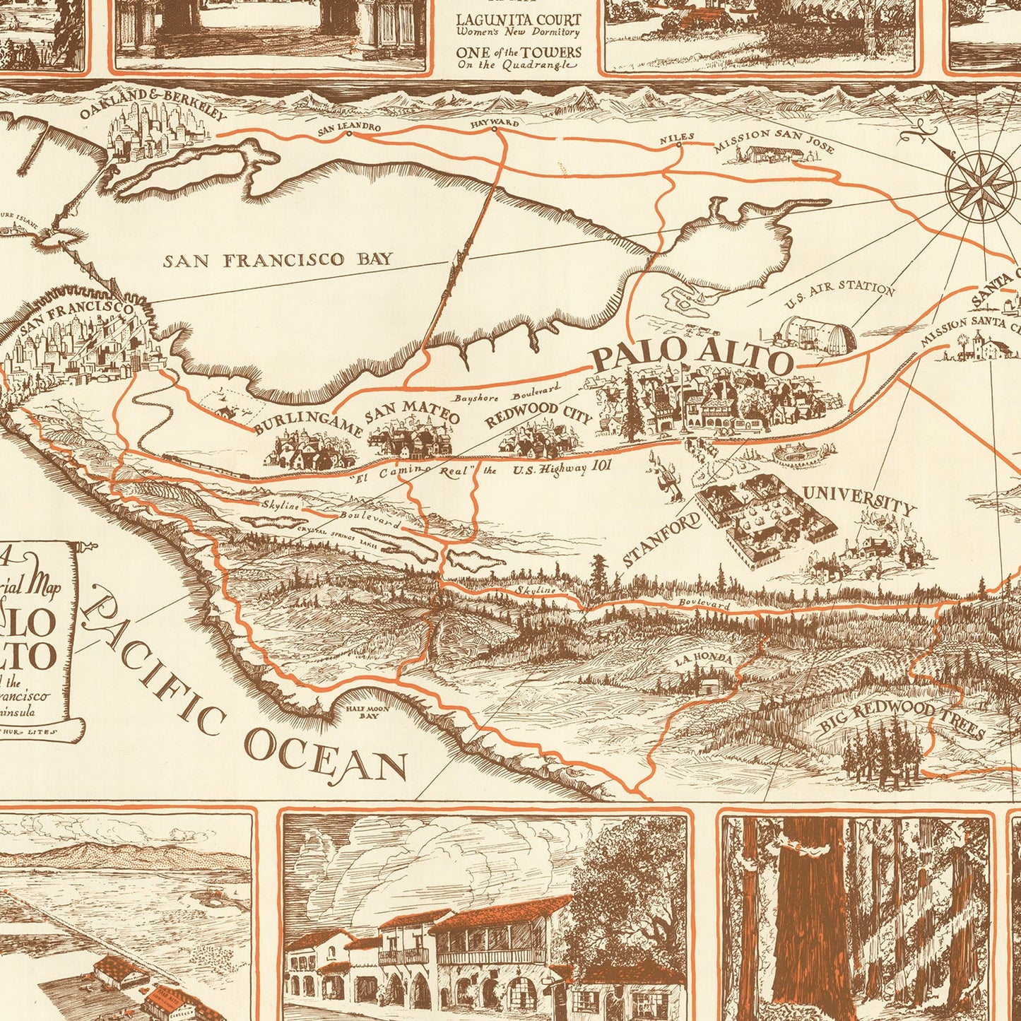 Vintage Map of Palo Alto, California, 1940