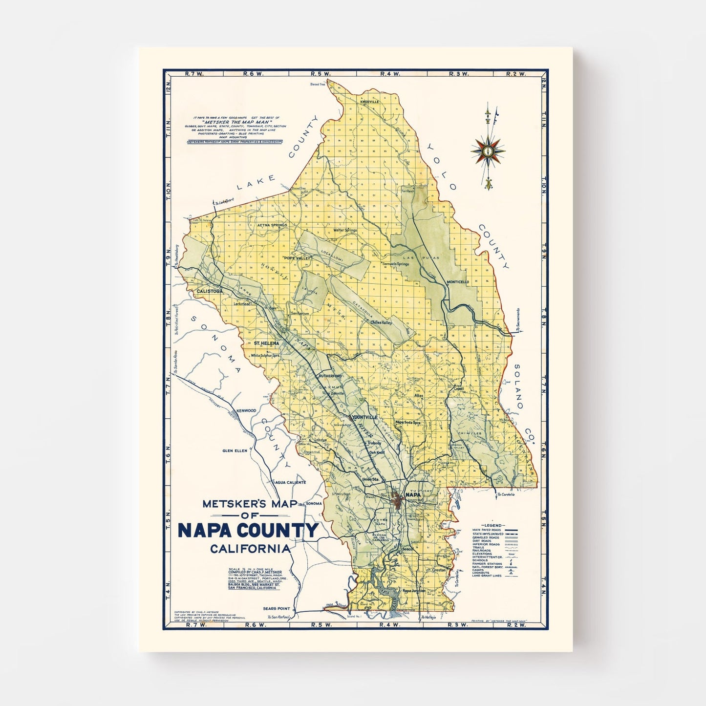 Vintage Map of Napa County, California, 1940