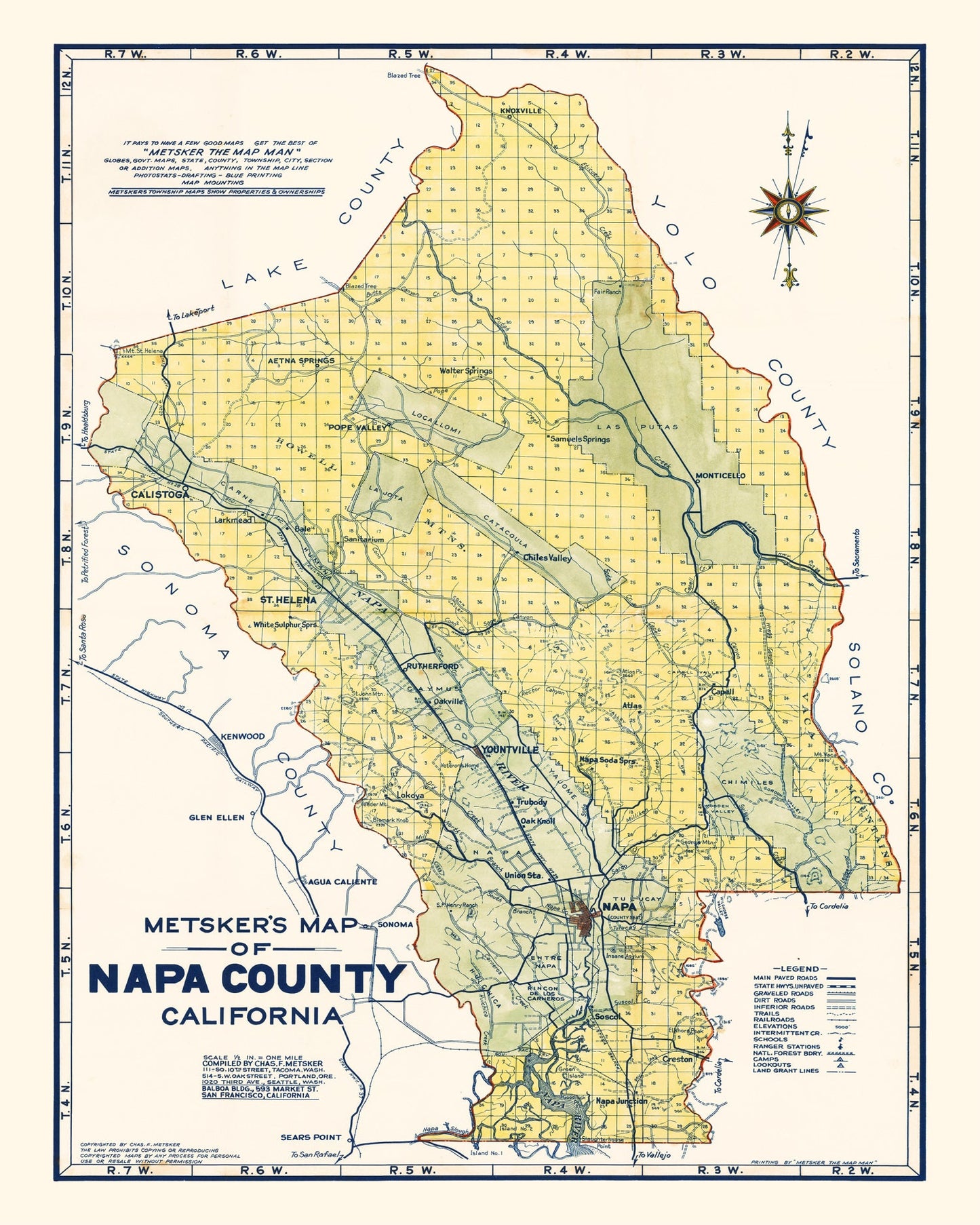 Vintage Map of Napa County, California, 1940