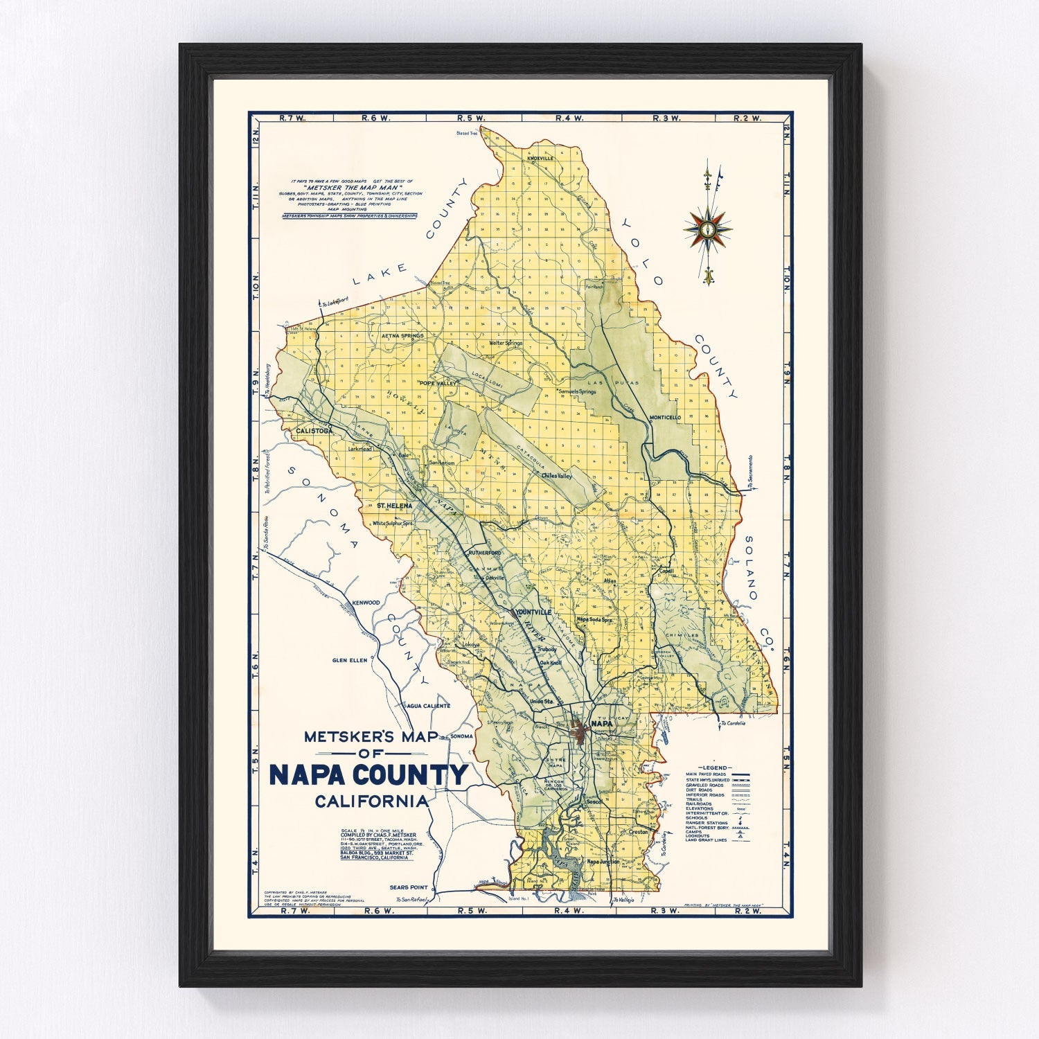 Vintage map of Napa County, California, 1940