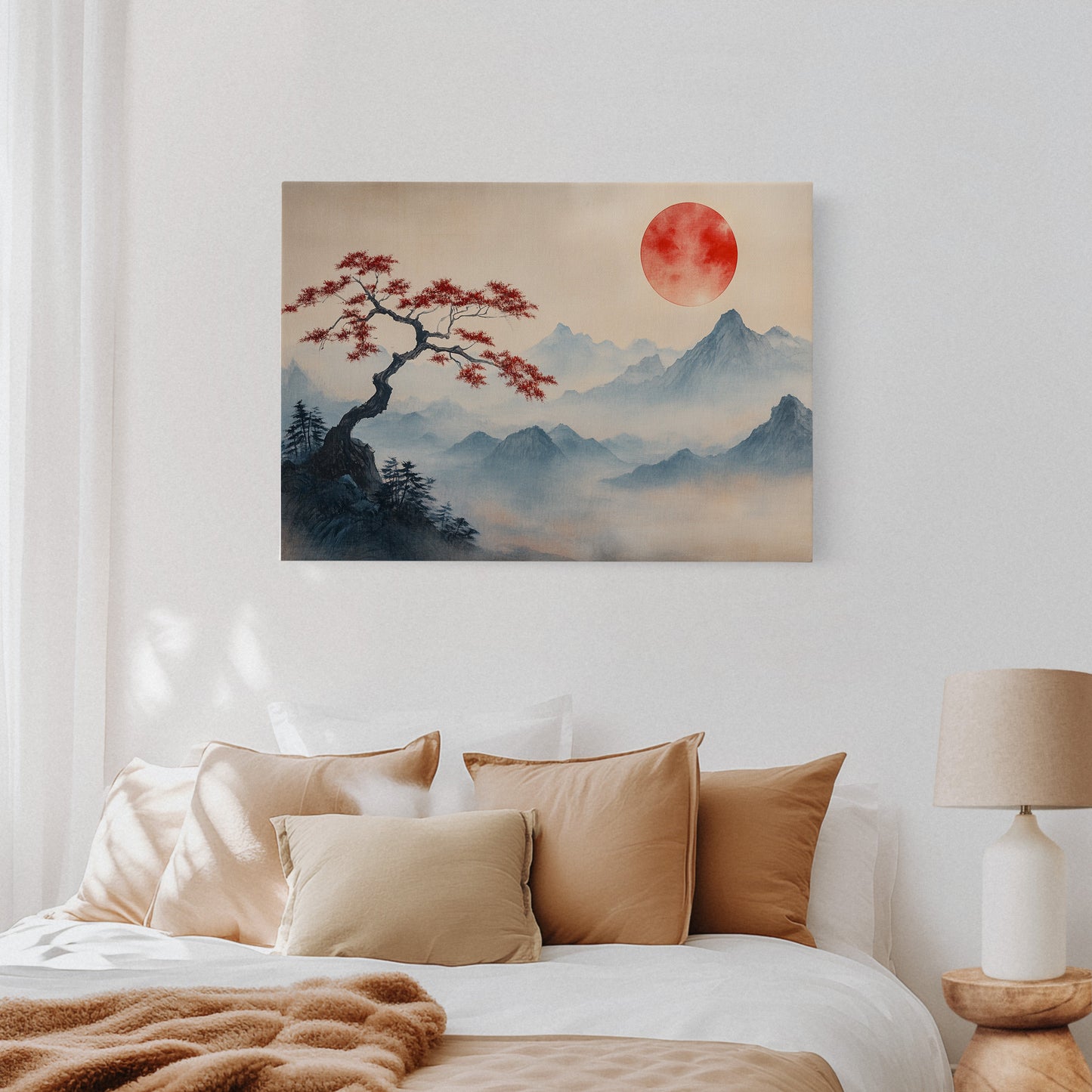 Japanese Red Sun and Bonsai Mountain Wall Art Print