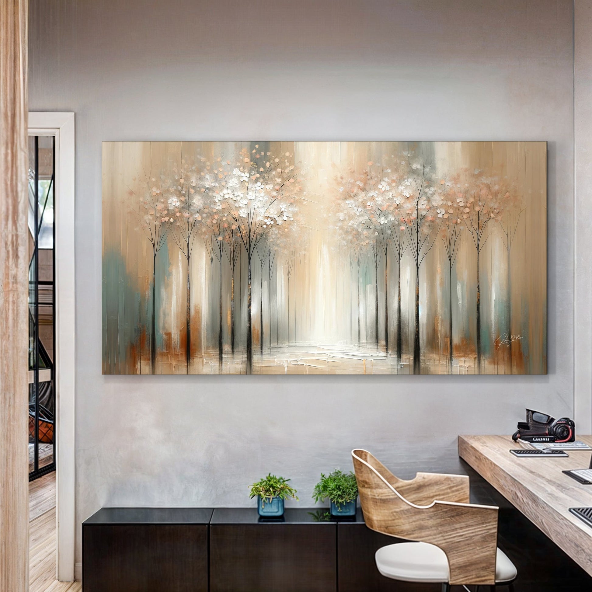 Serenity Bloom soft muted tree landscape canvas wall art in tranquil tones