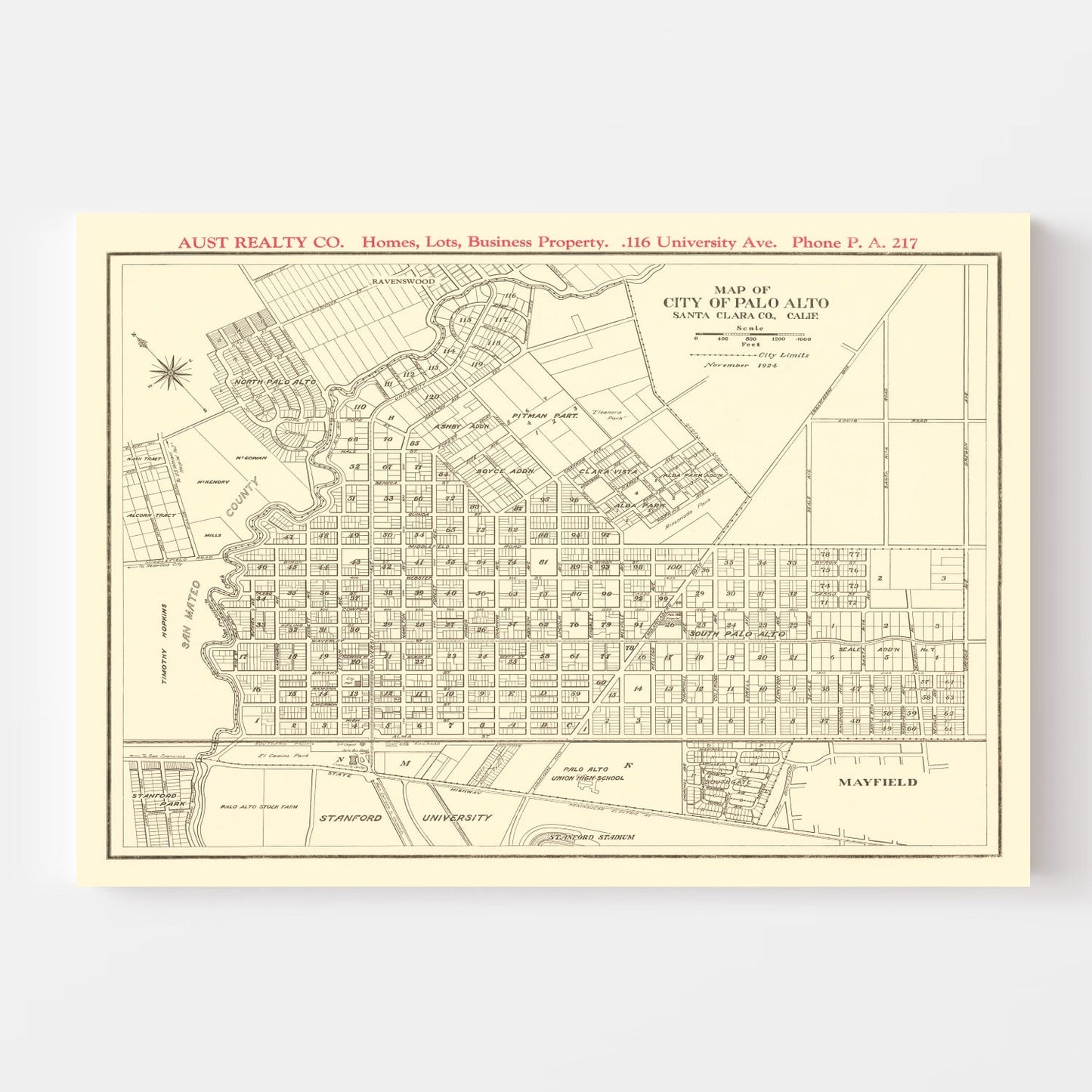 Vintage Map of Palo Alto, California, 1924