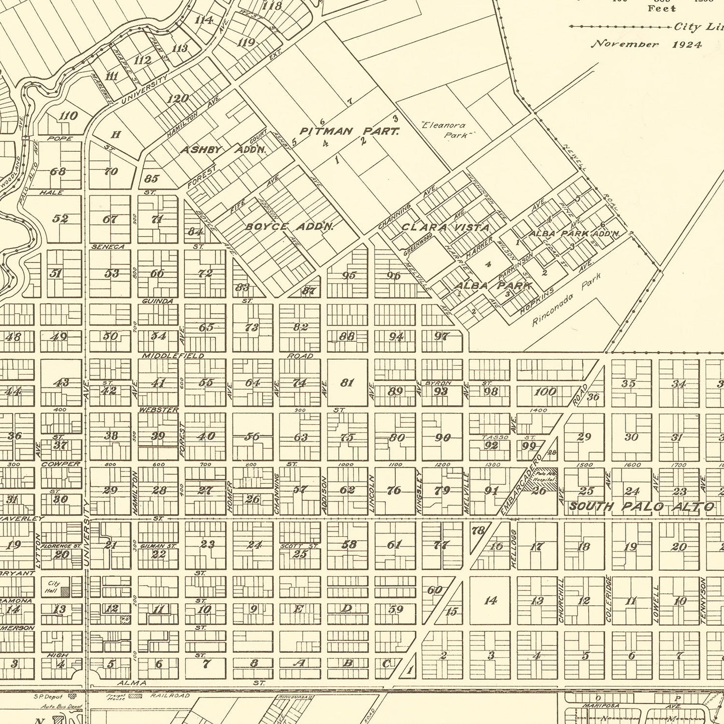 Vintage Map of Palo Alto, California, 1924