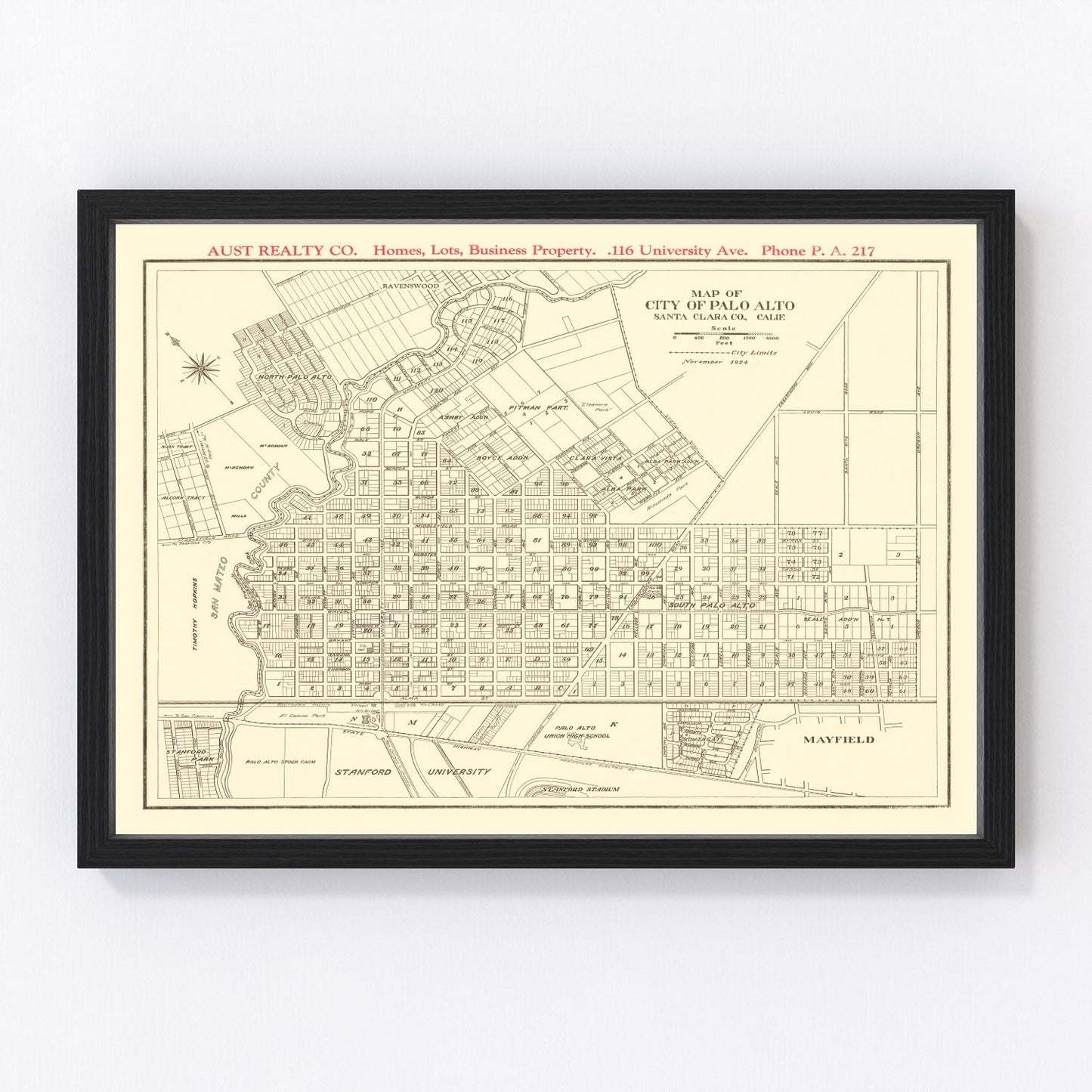 Vintage map of Palo Alto, California, 1924