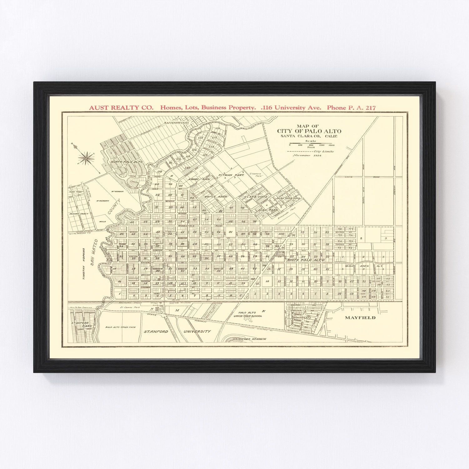 Vintage map of Palo Alto, California, 1924