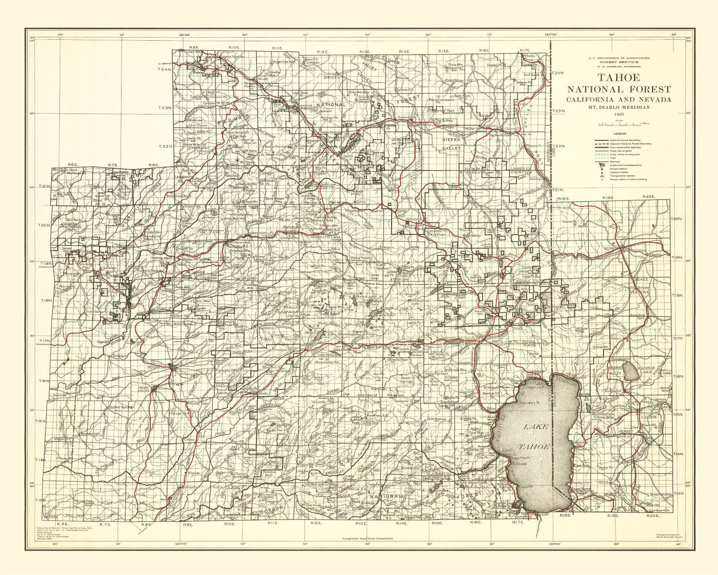 Vintage Map of Tahoe National Forest, 1925