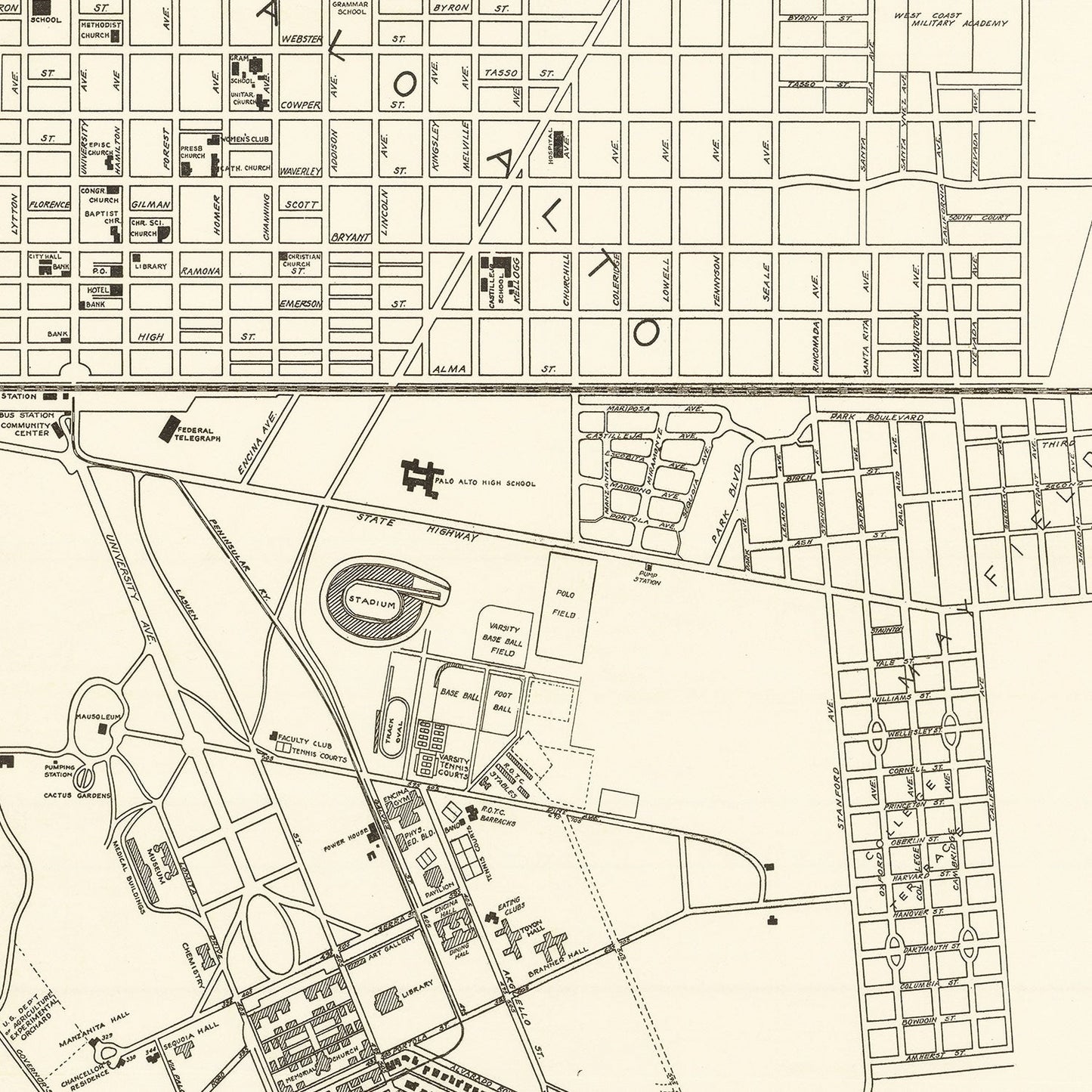 Vintage Map of Stanford University, California, 1928