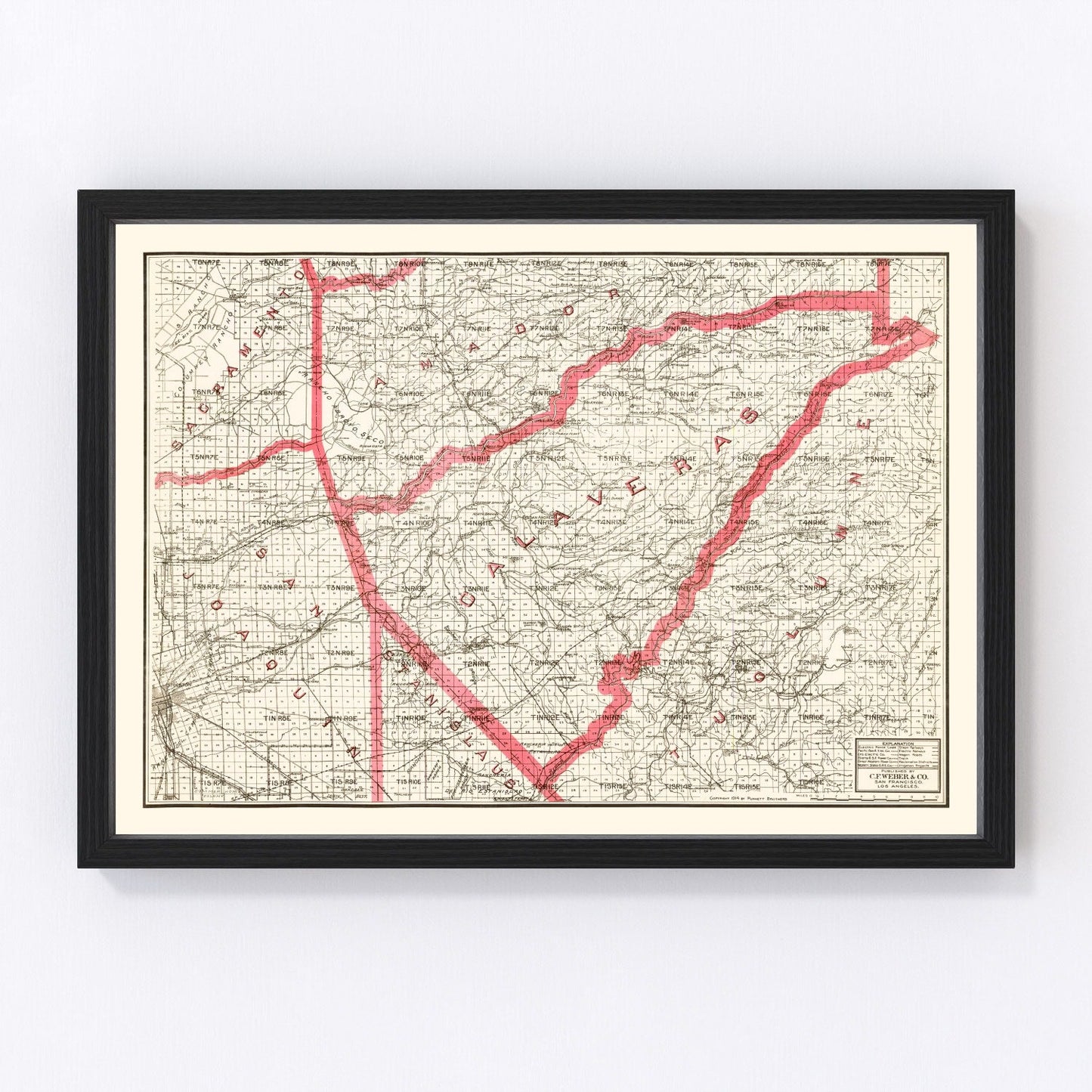 Vintage map of Calaveras County, California, 1914, Gold Country restored print