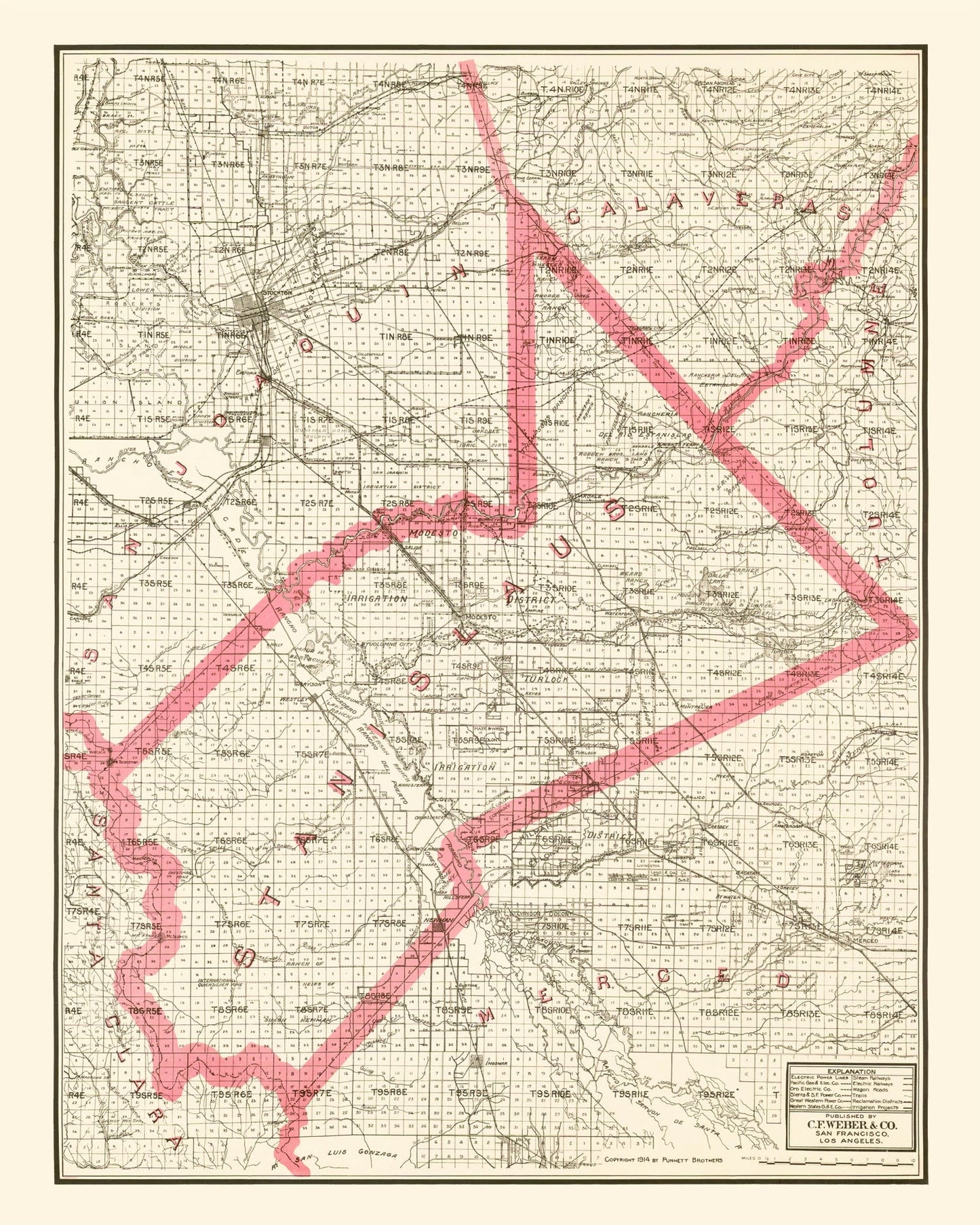 Vintage Map of Stanislaus County, California, 1914