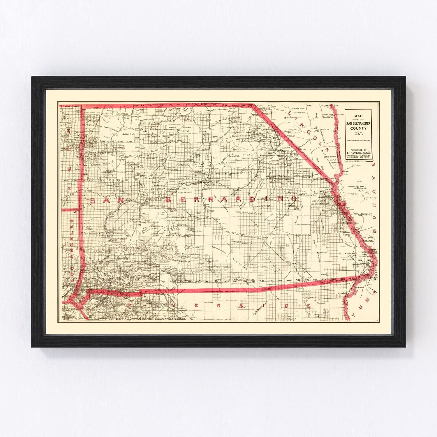 Vintage map of San Bernardino County, California, 1914, Inland Empire restored print