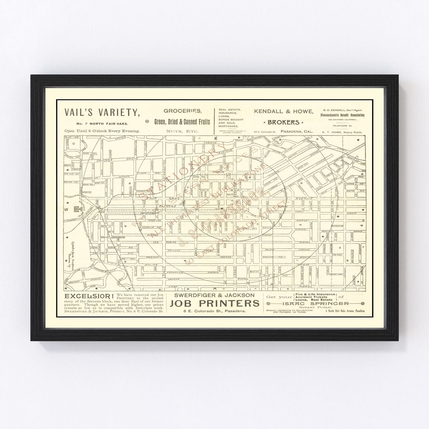 Vintage map of Pasadena, California, 1893