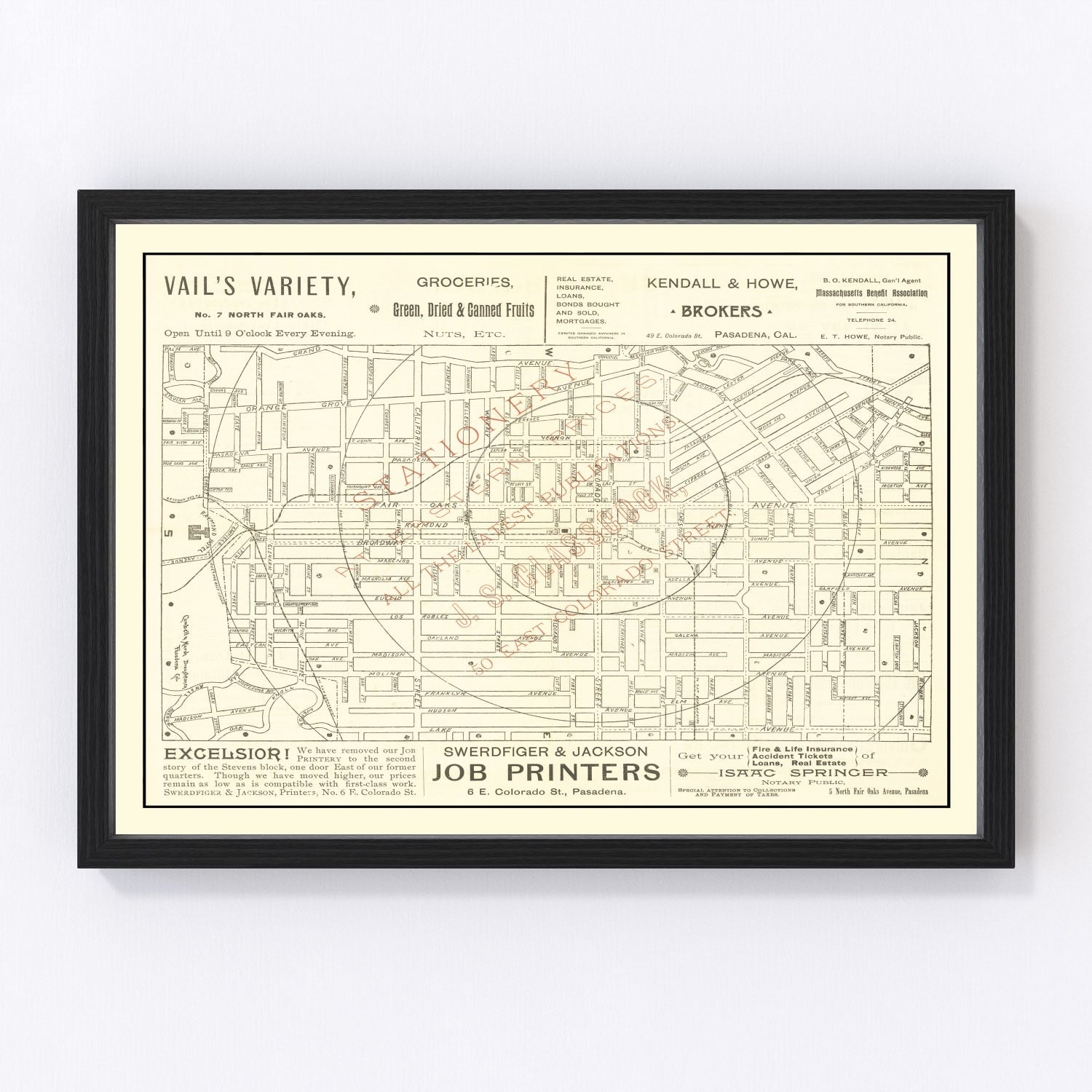 Vintage map of Pasadena, California, 1893