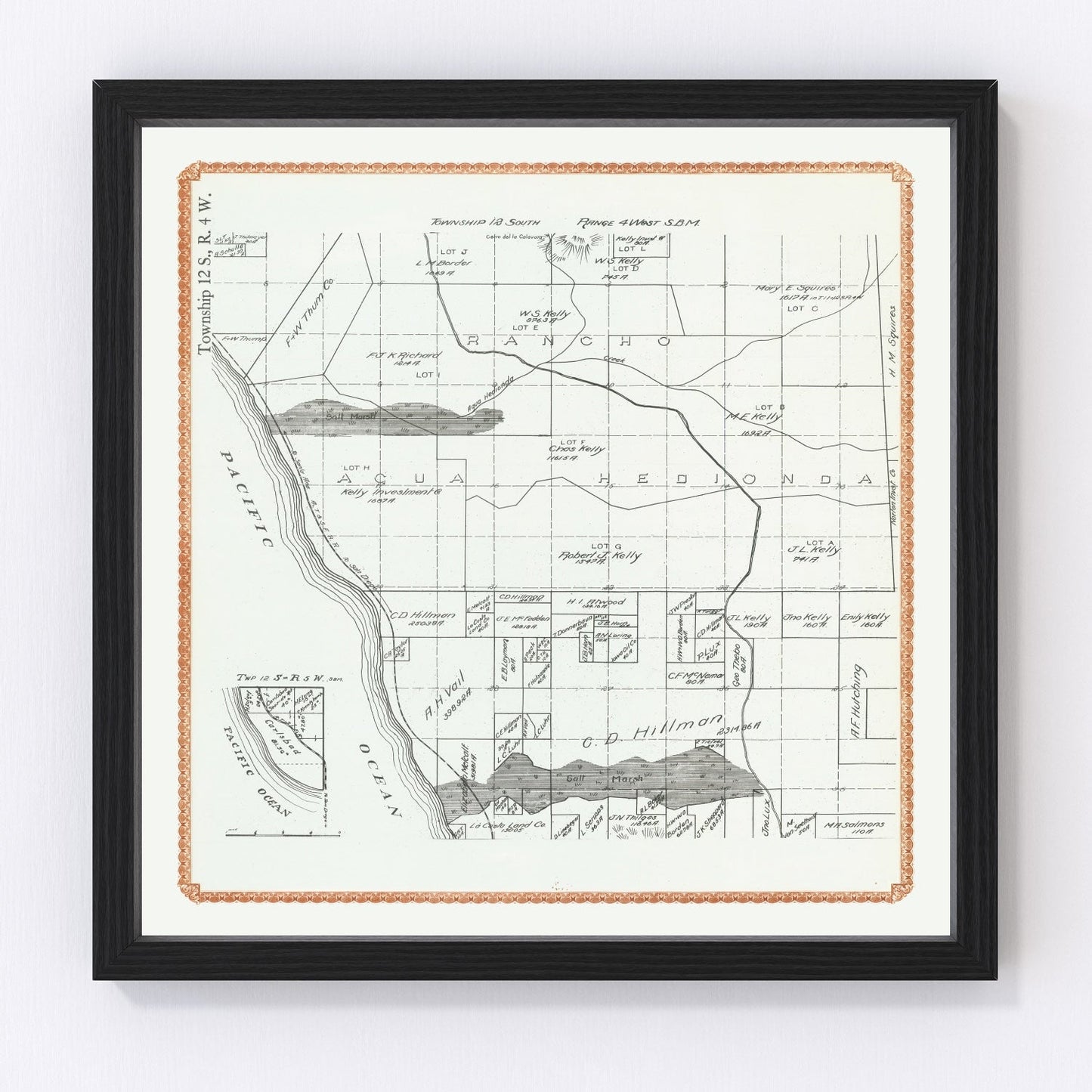 Vintage map of Carlsbad, California, 1912, restored vintage wall art print