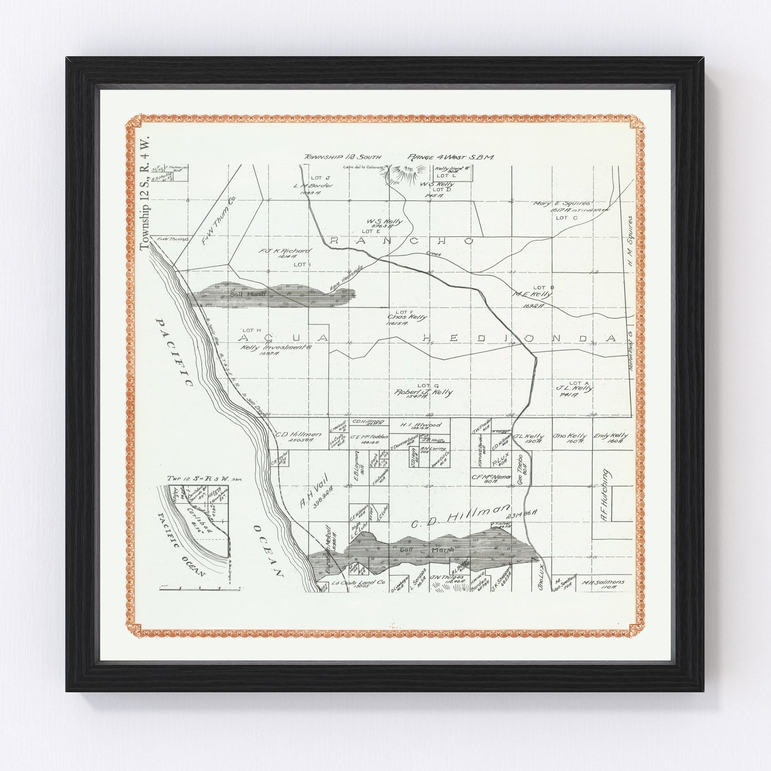 Vintage map of Carlsbad, California, 1912, restored vintage wall art print