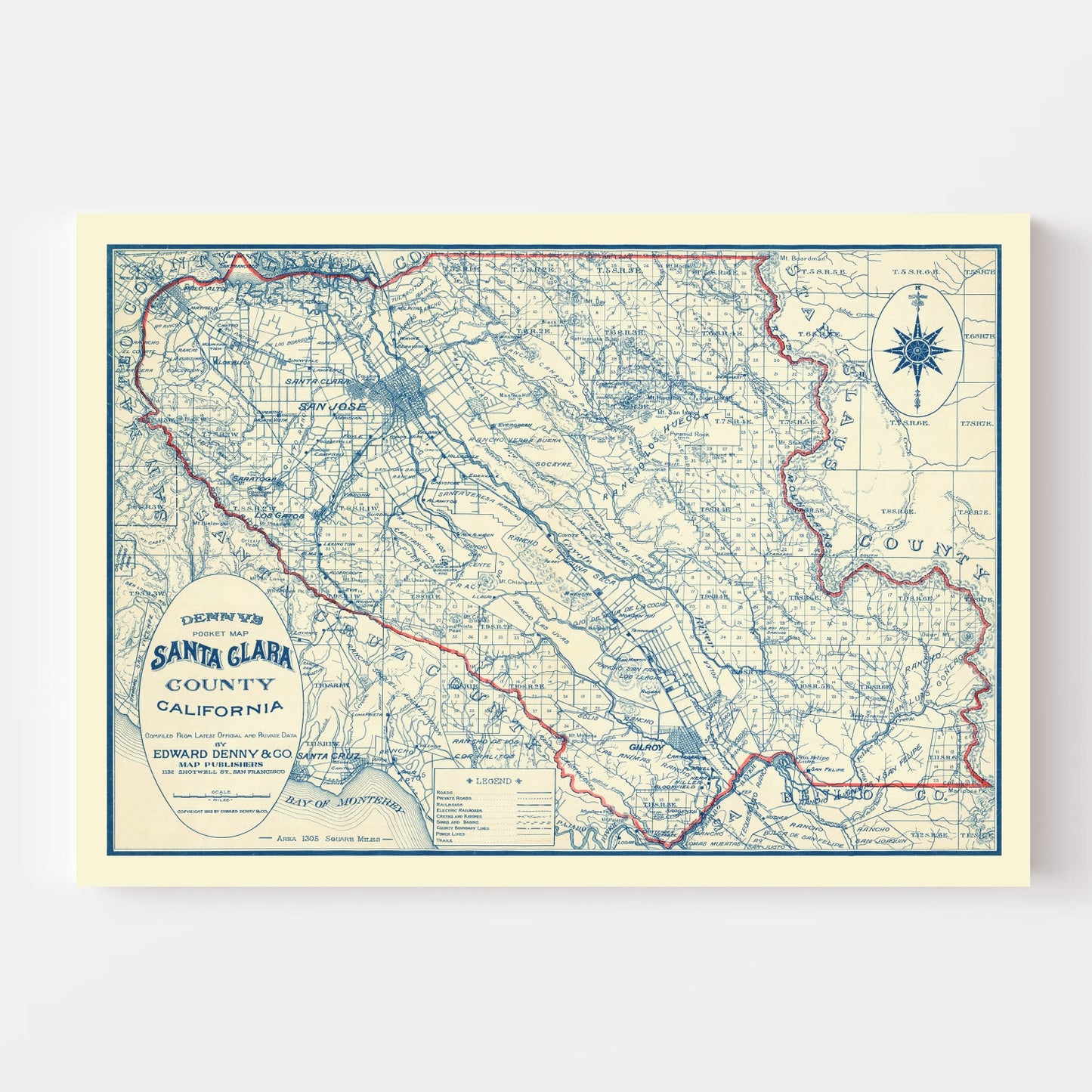 Vintage Map of Santa Clara County, California, 1913
