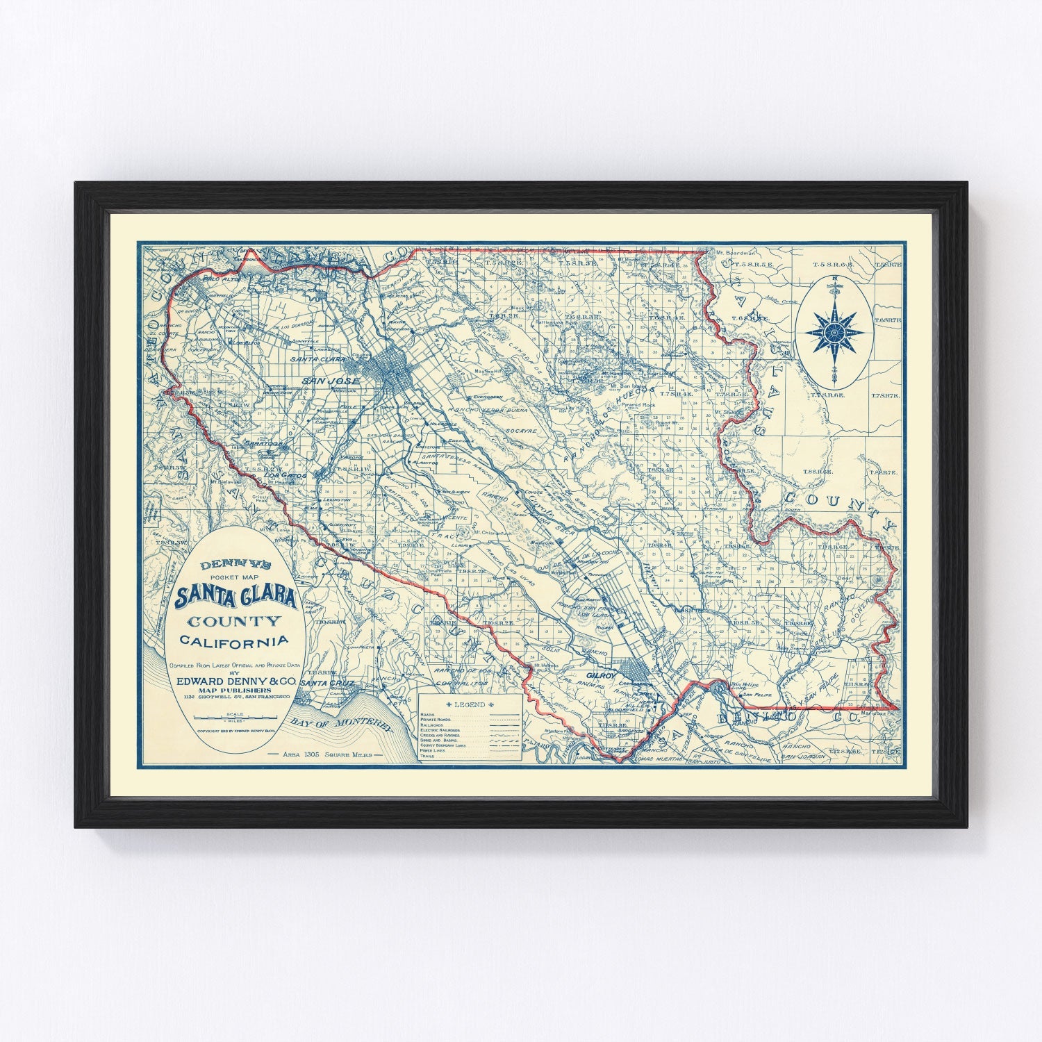 Vintage map of Santa Clara County, California, 1913