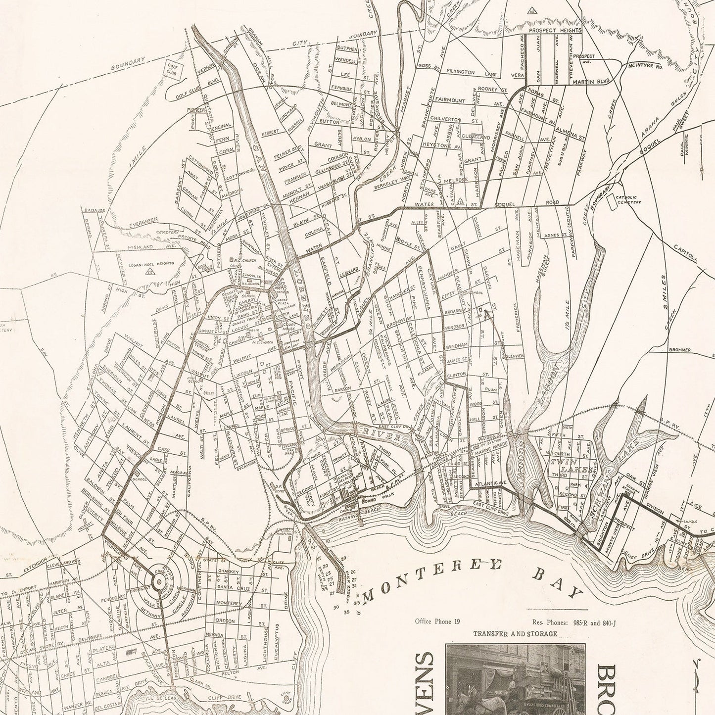 Vintage Map of Santa Cruz, California, 1913
