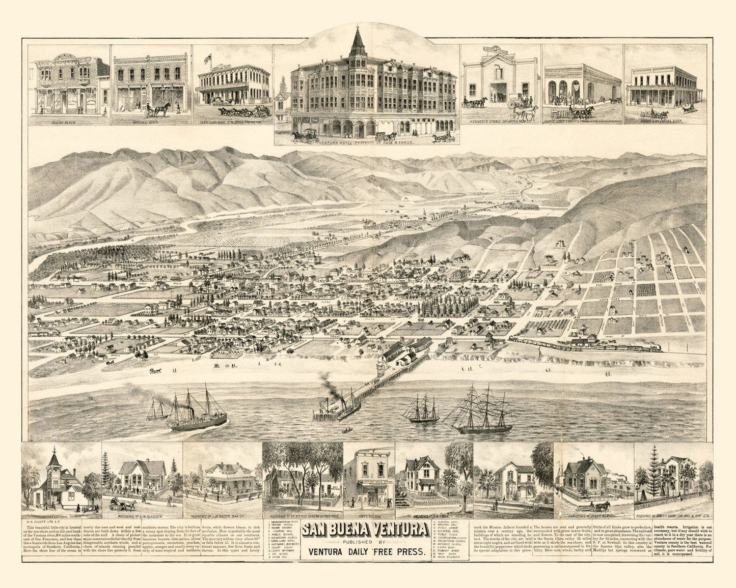 Vintage Map of San Buenaventura, California, 1884 II