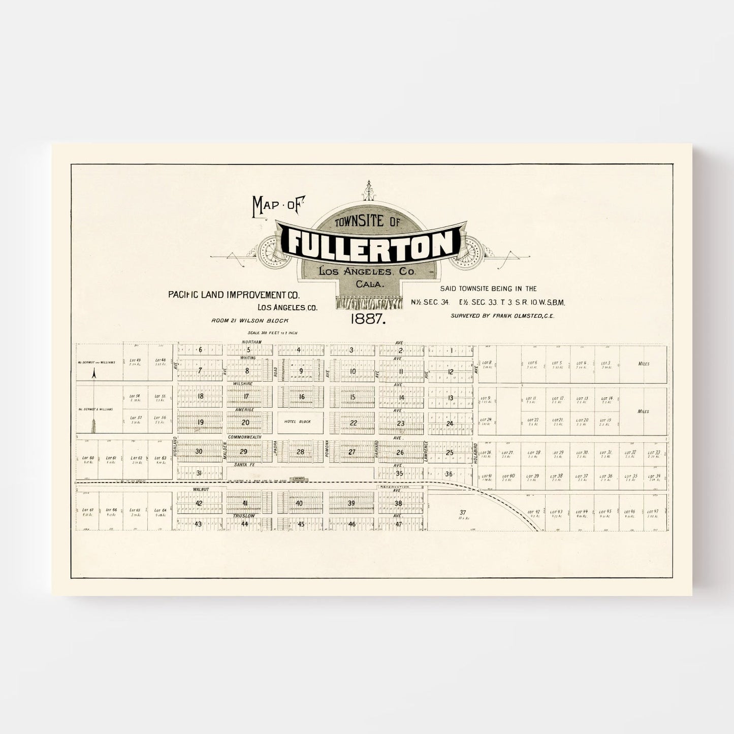 Vintage Map of Fullerton, California, 1887