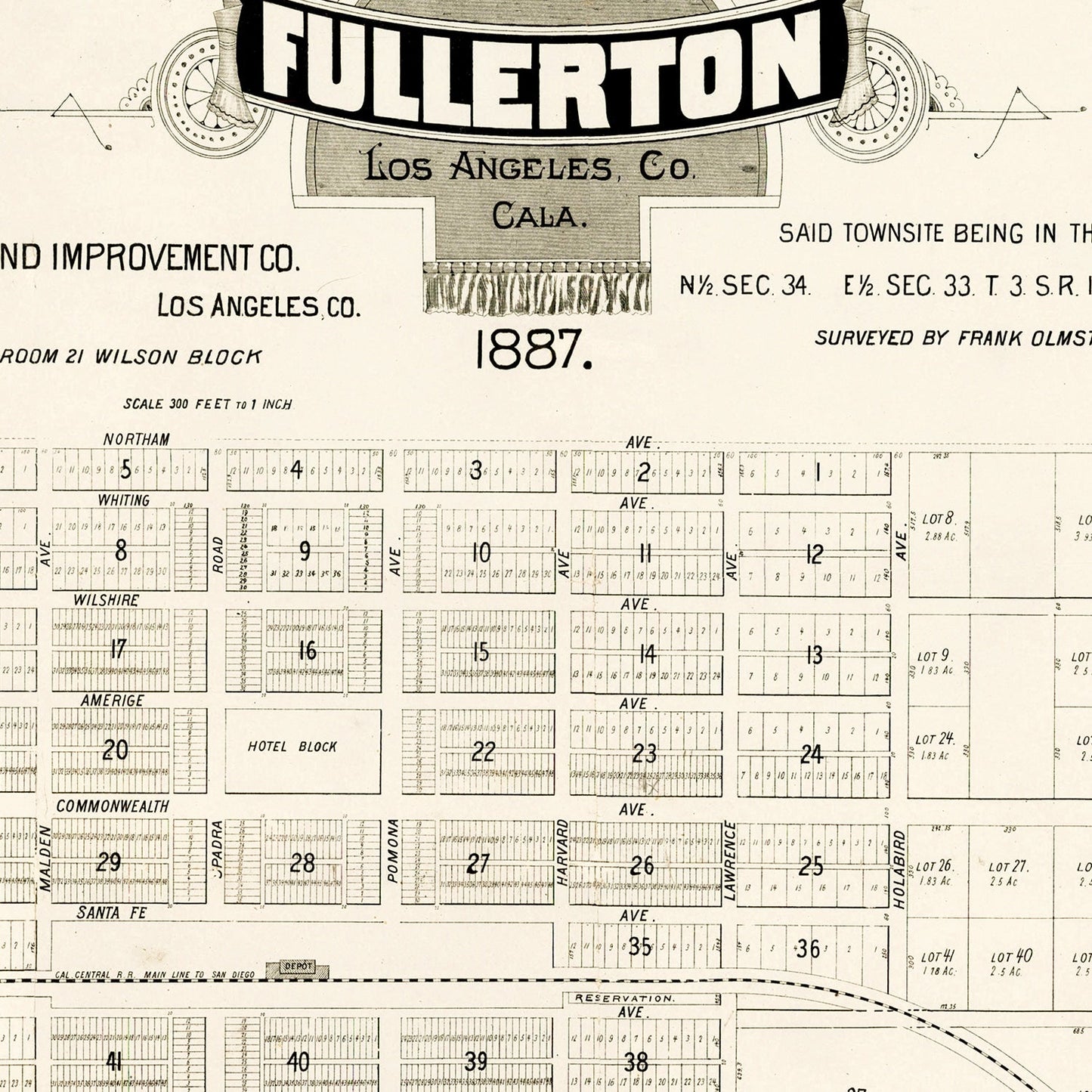 Vintage Map of Fullerton, California, 1887