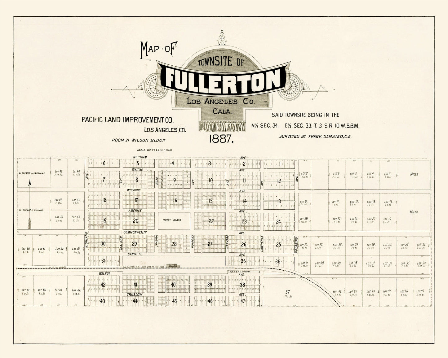 Vintage Map of Fullerton, California, 1887