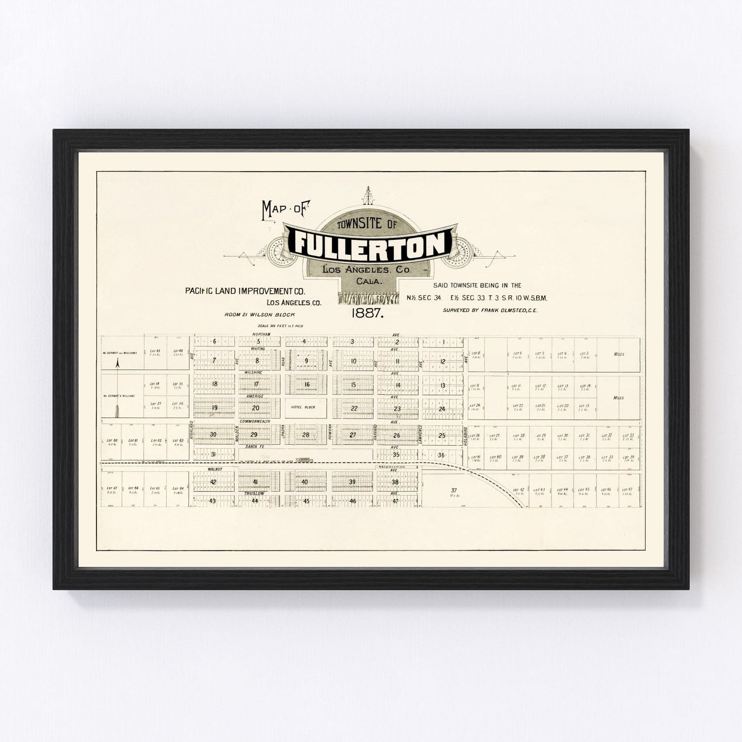 vintage map of Fullerton, California, 1887